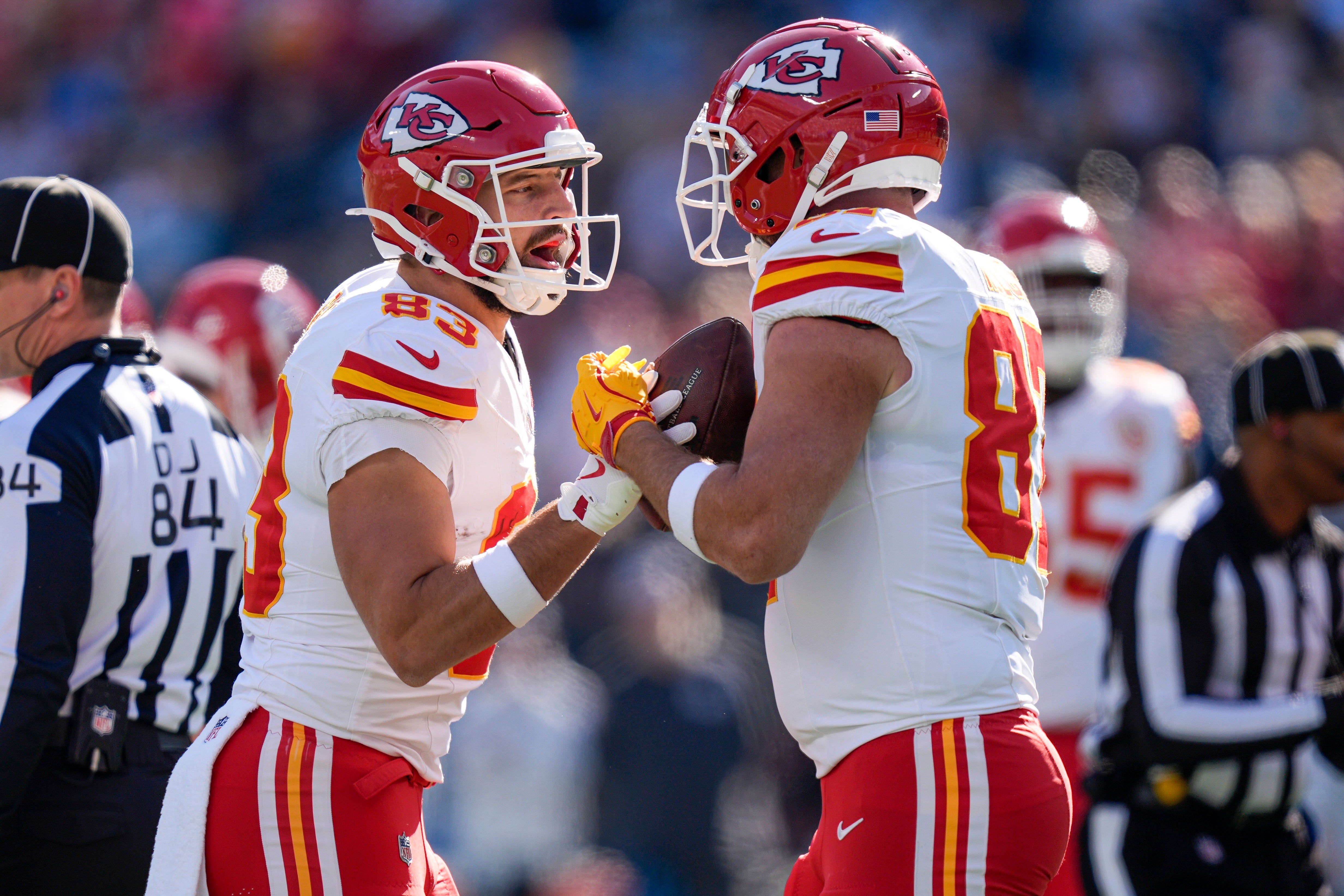 Kansas City Chiefs tight end Noah Gray (83) and tight end Travis Kelce (87) celebrate his score against the Carolina Panthers during the first quarter at Bank of America Stadium.