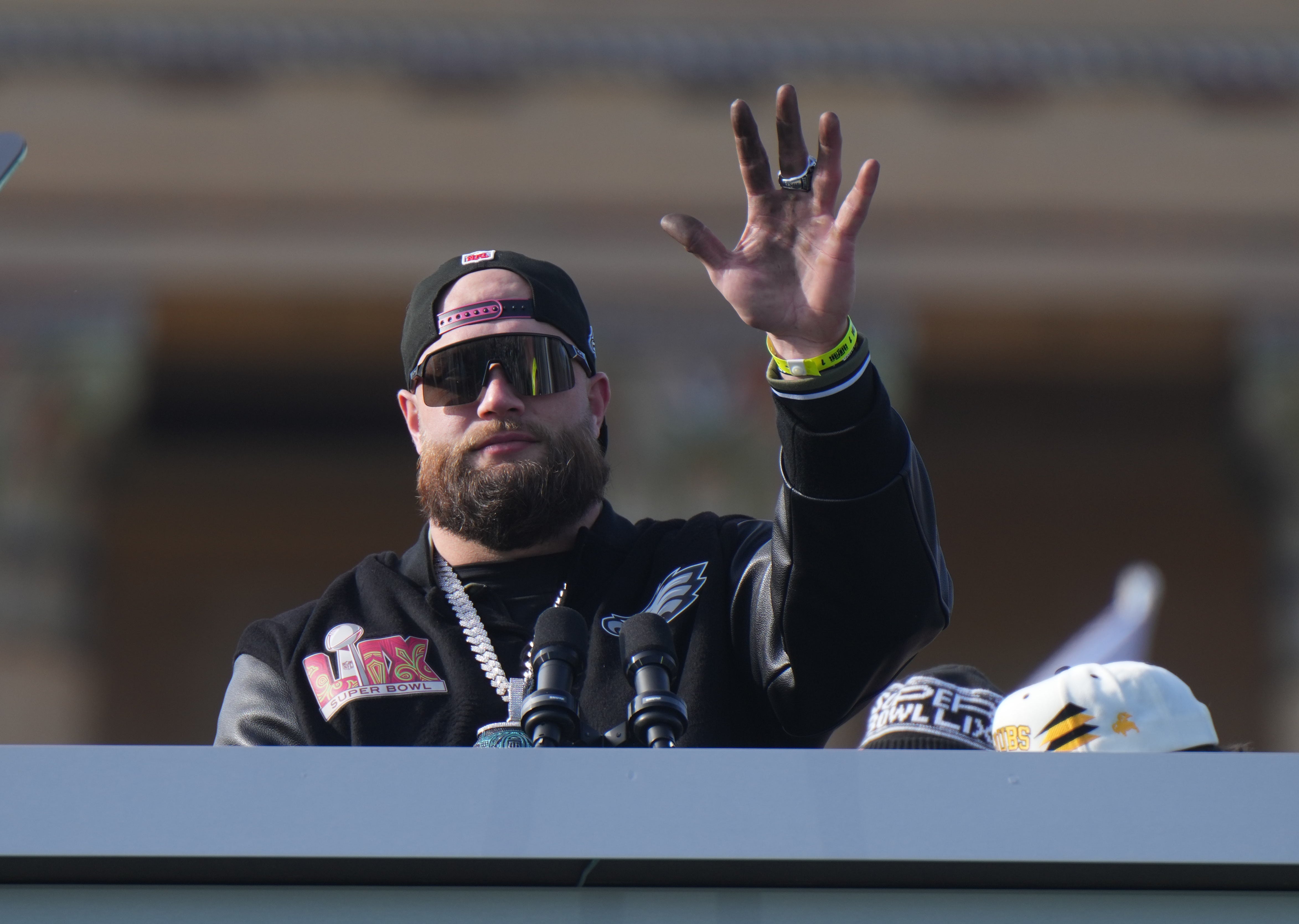 Philadelphia Eagles player Lane Johnson during the Super Bowl LIX championship parade and rally.