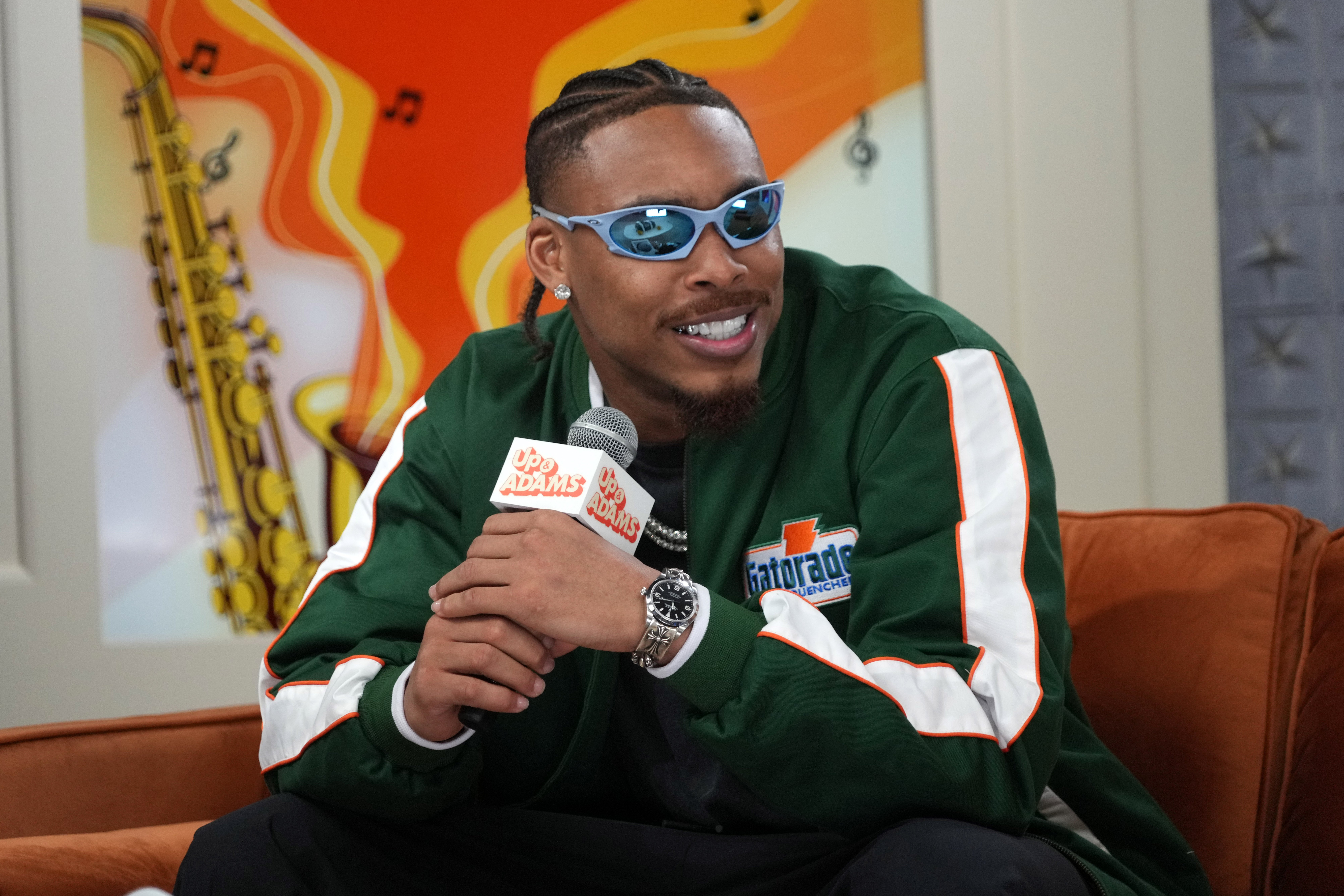 Feb 7, 2025; New Orleans, LA, USA; Minnesota Vikings receiver Justin Jefferson on the Up & Adams set on Radio Row at the Super Bowl LIX media center.