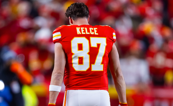 Jan 26, 2025; Kansas City, MO, USA; Detailed view of the jersey of Kansas City Chiefs tight end Travis Kelce (87) against the Buffalo Bills during the AFC Championship game at GEHA Field at Arrowhead Stadium.