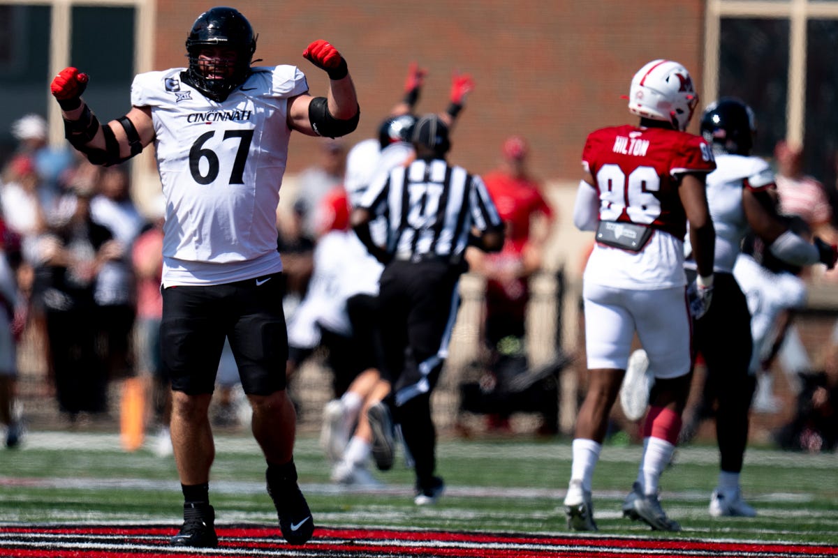 Cincinnati Bearcats offensive lineman Luke Kandra (67) flexes after a defensive stop in the fourth quarter of the College Football game against the Miami Redhawks at Yager Stadium in Cincinnati on Saturday, Sept. 14, 2024.