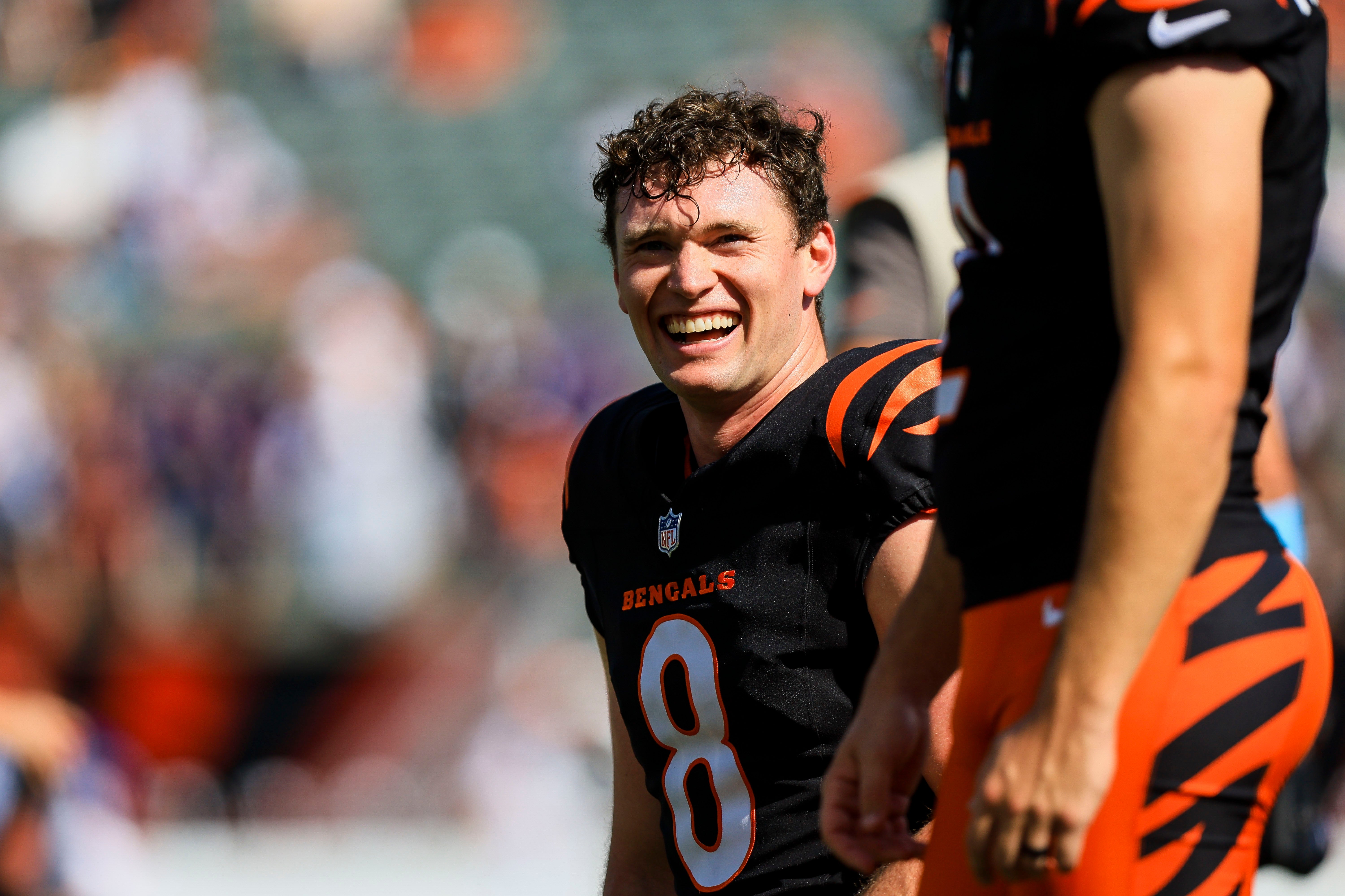 Oct 6, 2024; Cincinnati, Ohio, USA; Cincinnati Bengals punter Ryan Rehkow (8) during warmups before the game against the Baltimore Ravens at Paycor Stadium.