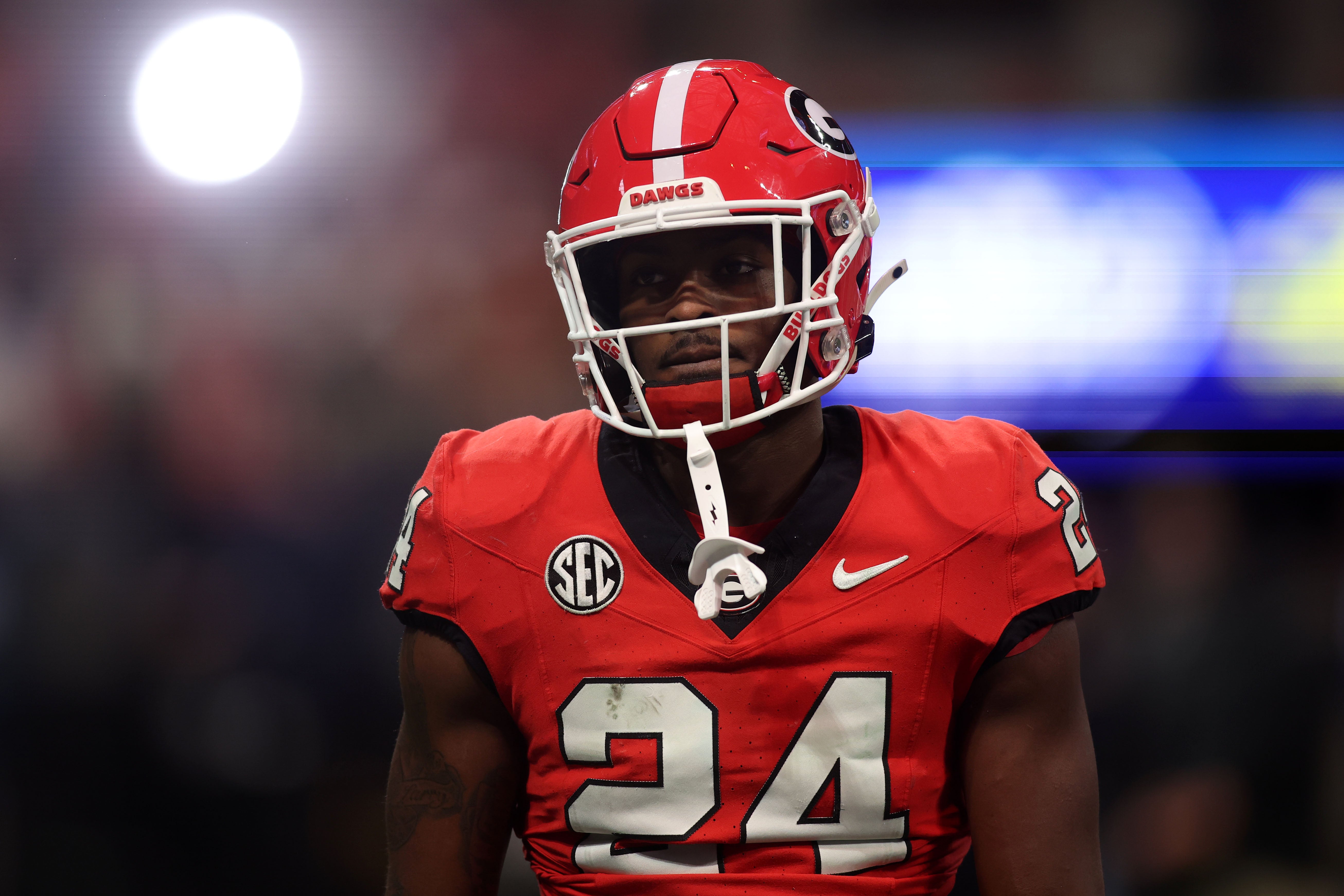 Georgia Bulldogs defensive back Malaki Starks (24) practices before the 2024 SEC Championship game at Mercedes-Benz Stadium.