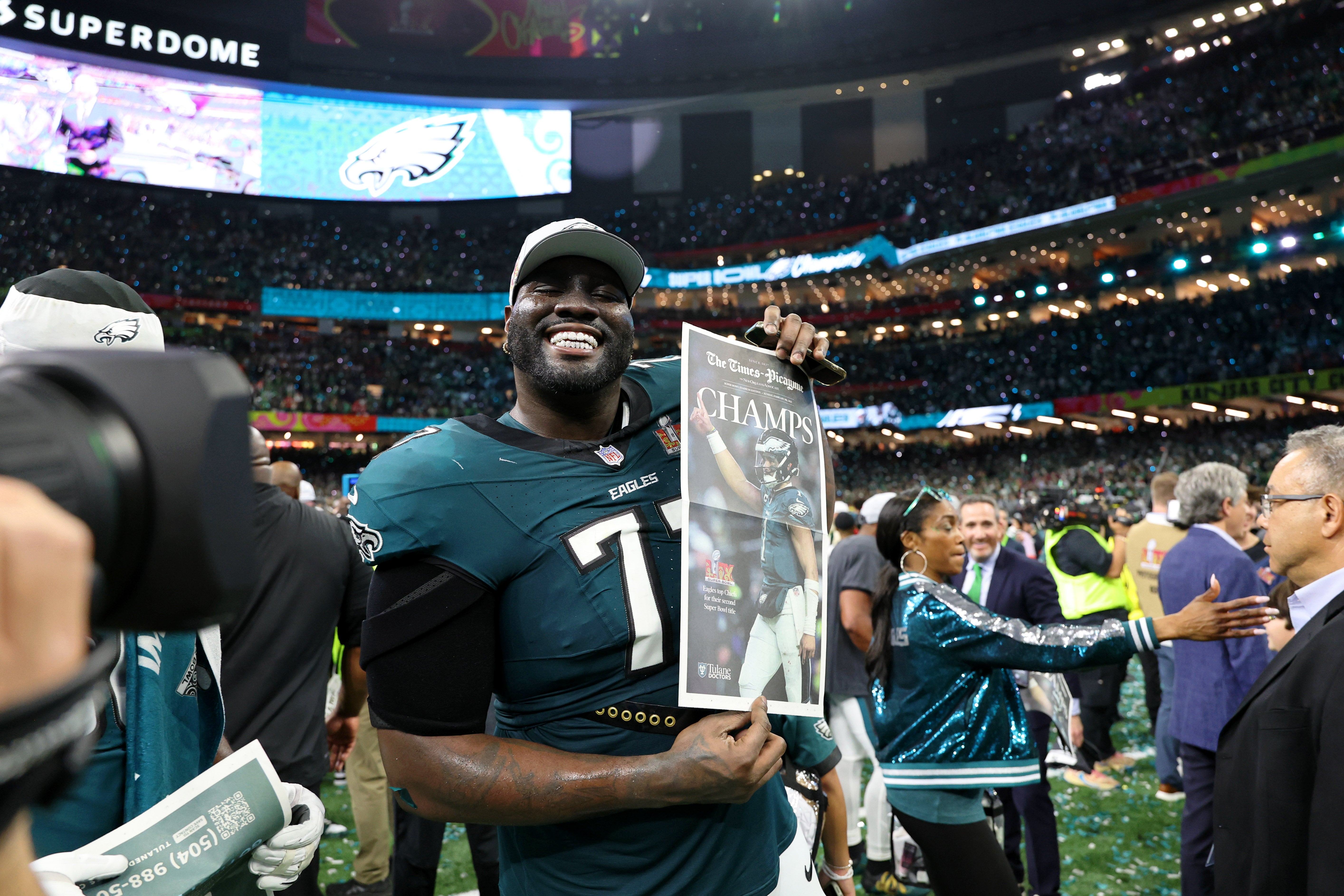 Philadelphia Eagles offensive tackle Mekhi Becton (77) celebrates after winning Super Bowl LIX at Caesars Superdome.