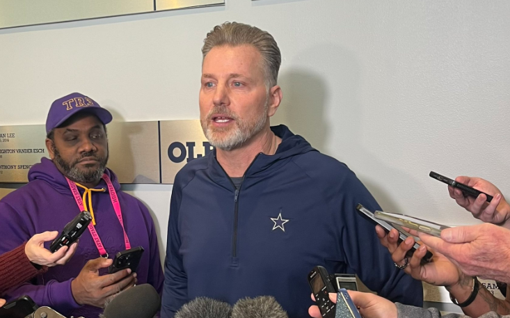 Matt Eberflus addresses the media with the Dallas Cowboys.