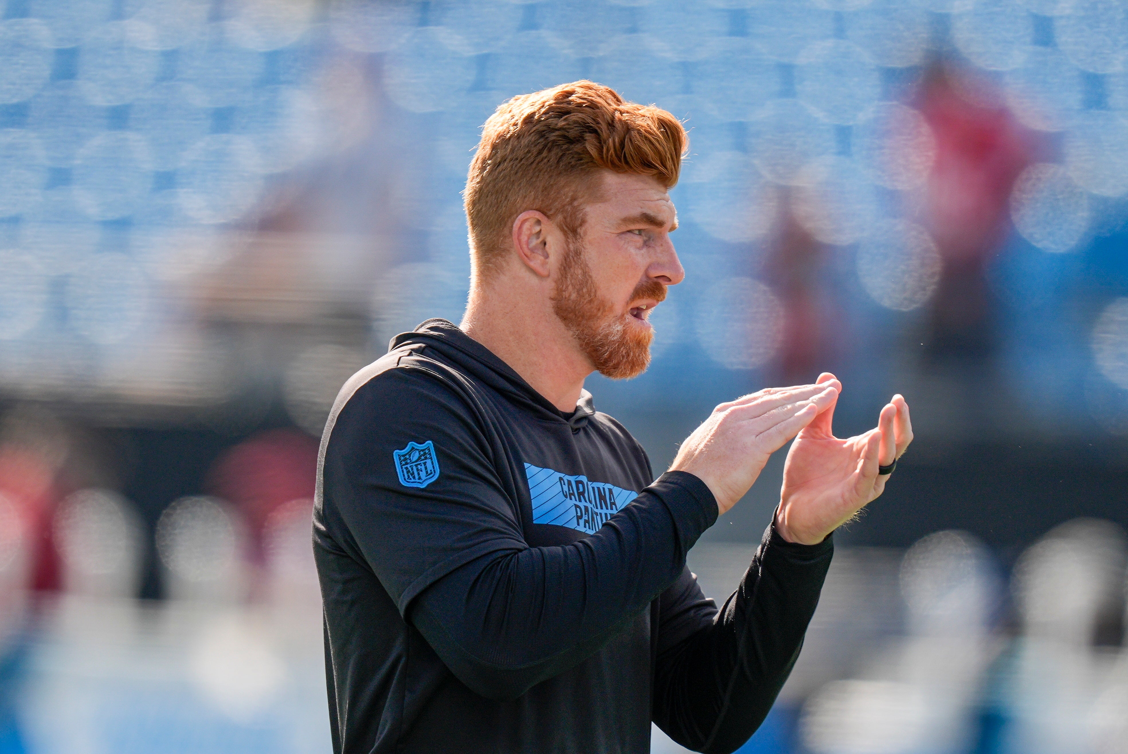 Nov 24, 2024; Charlotte, North Carolina, USA; Carolina Panthers quarterback Andy Dalton (14) during pregame warmups against the Kansas City Chiefs at Bank of America Stadium. 