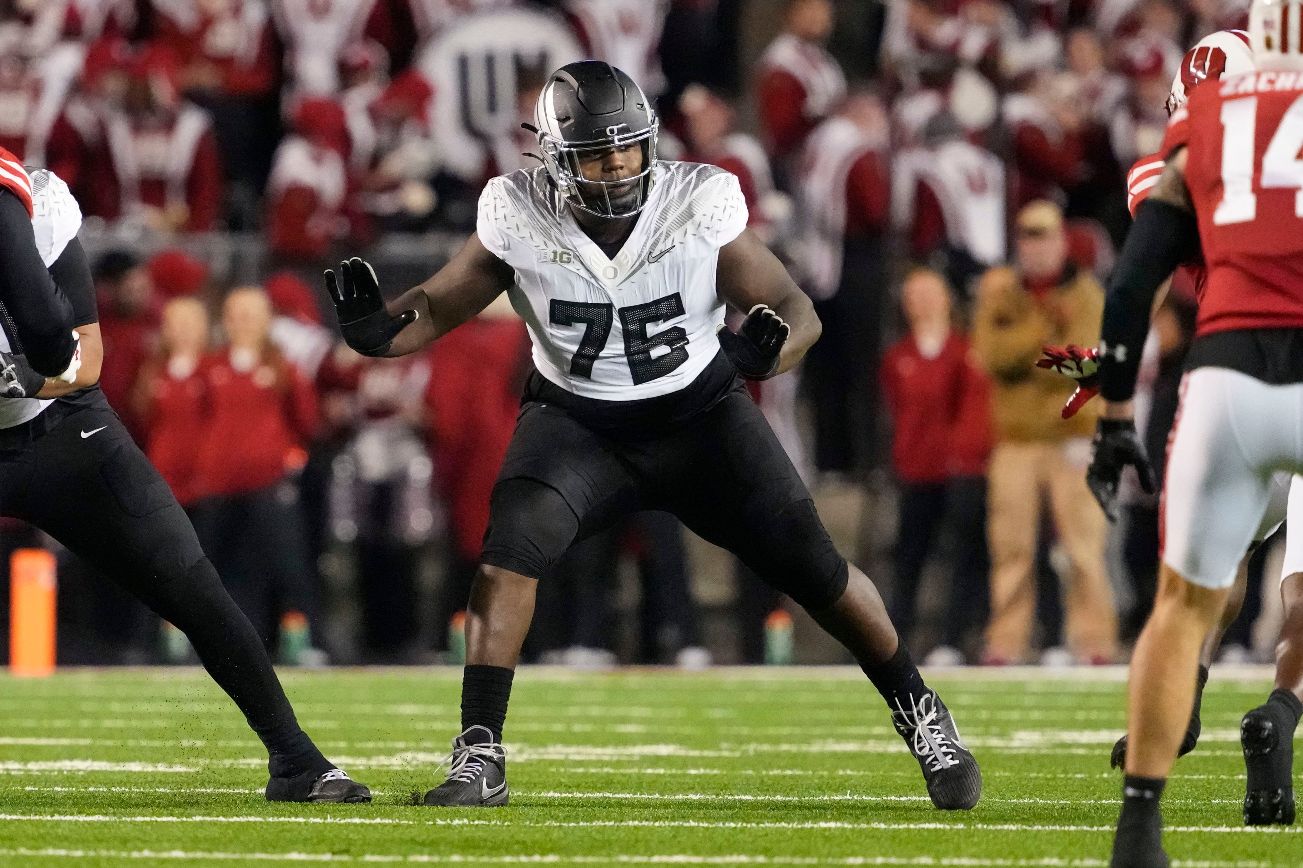 Nov 16, 2024; Madison, Wisconsin, USA; Oregon Ducks offensive lineman Josh Conerly Jr. (76) during the game against the Wisconsin Badgers at Camp Randall Stadium.
