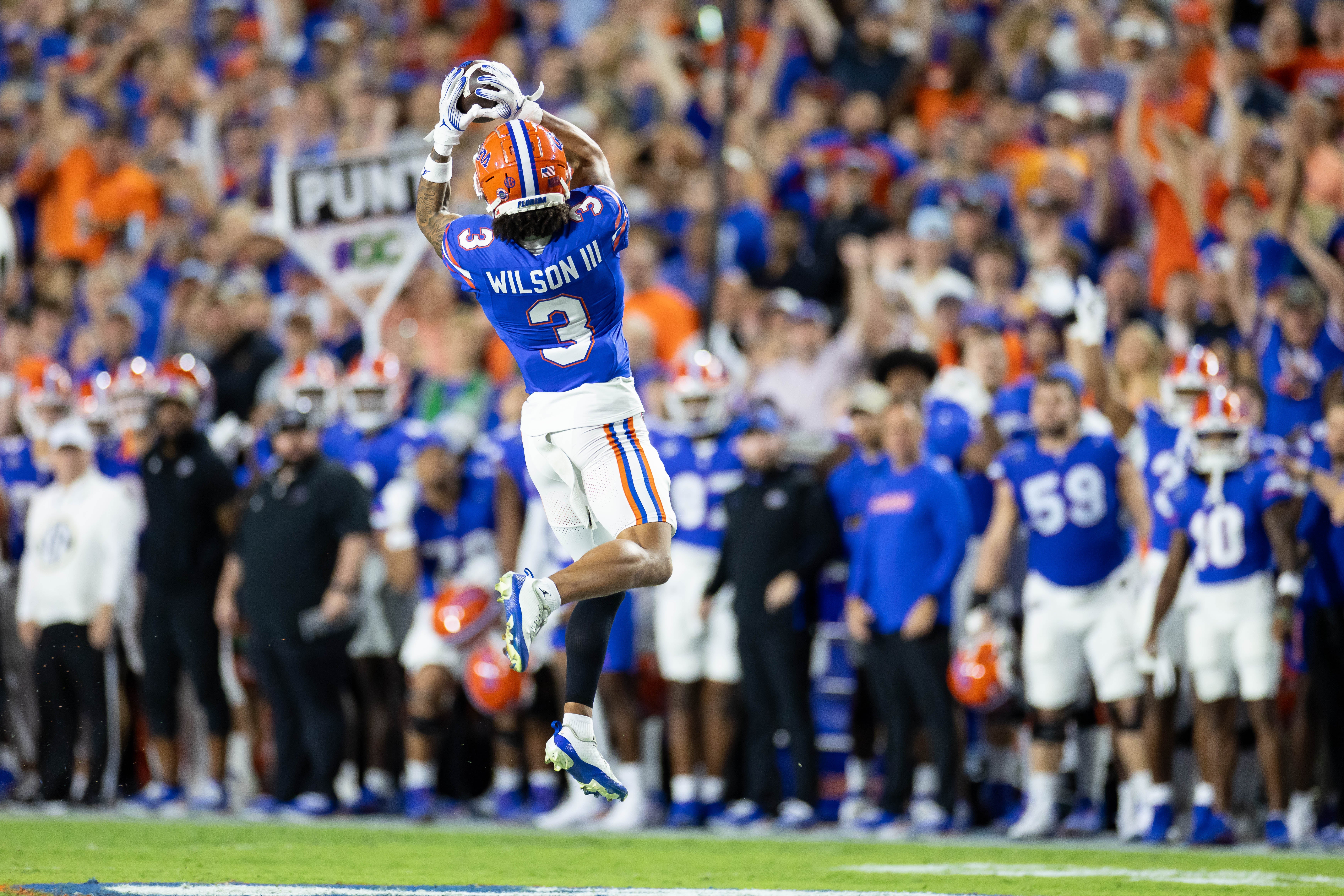 Oct 19, 2024; Gainesville, Florida, USA; Florida Gators wide receiver Eugene Wilson III (3) makes a catch against the Kentucky Wildcats during the first half at Ben Hill Griffin Stadium.