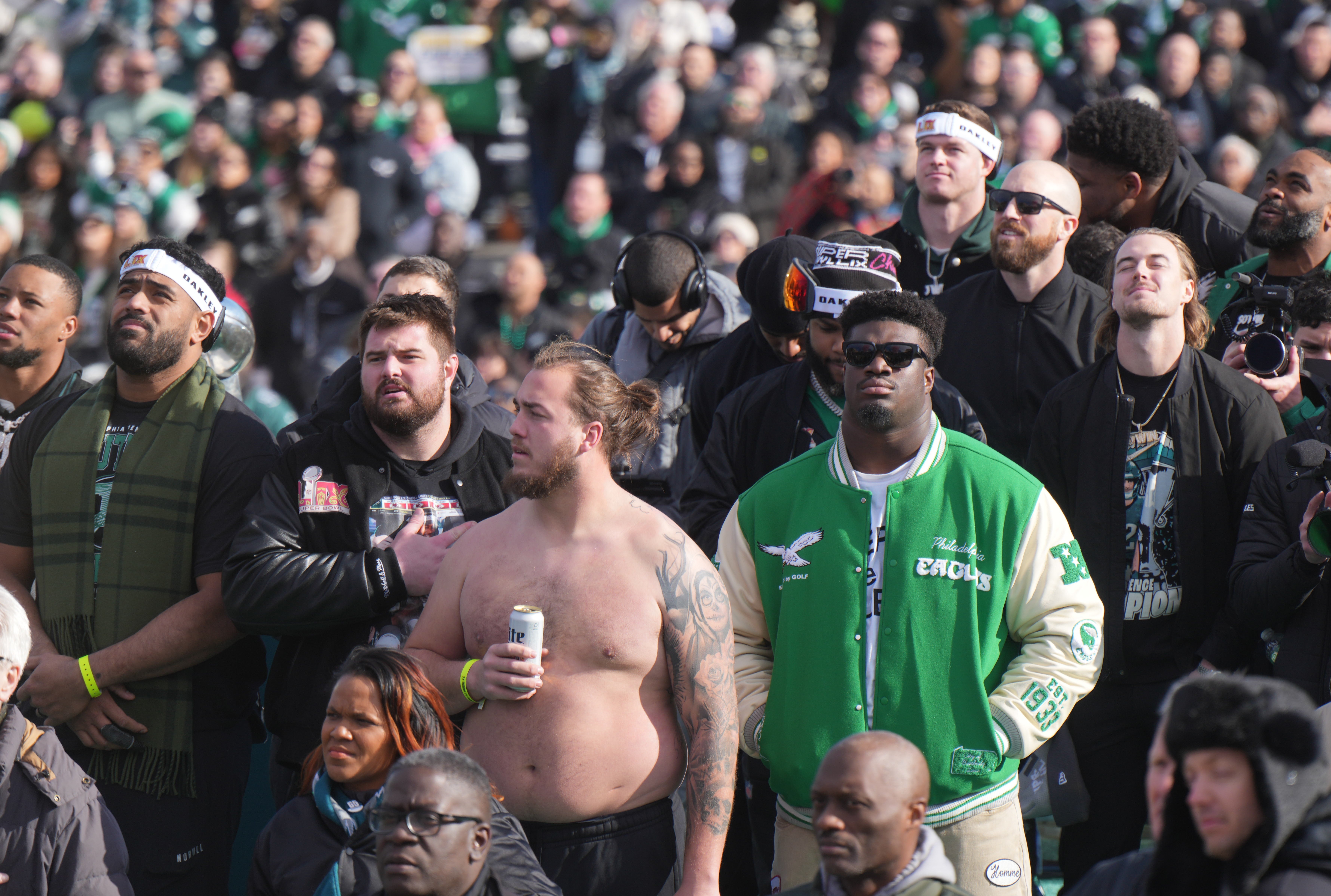 Philadelphia Eagles players including Jordan Mailata (68) Landon Dickerson (69) Nick Gates (61) and Jordan Davis (90) during the Super Bowl LIX championship parade and rally.