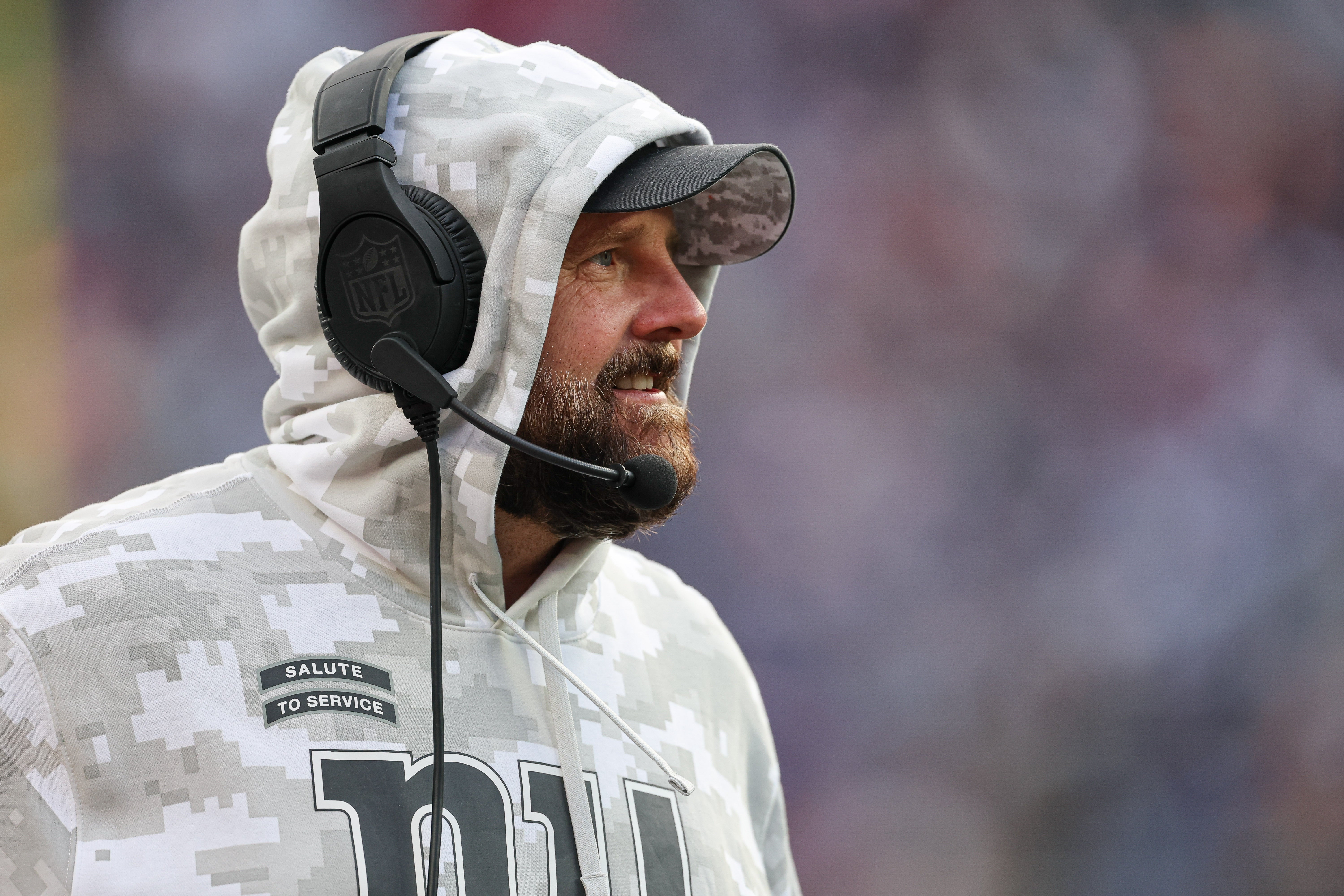 Nov 24, 2024; East Rutherford, New Jersey, USA; New York Giants head coach Brian Daboll looks on during the second half against the Tampa Bay Buccaneers at MetLife Stadium.