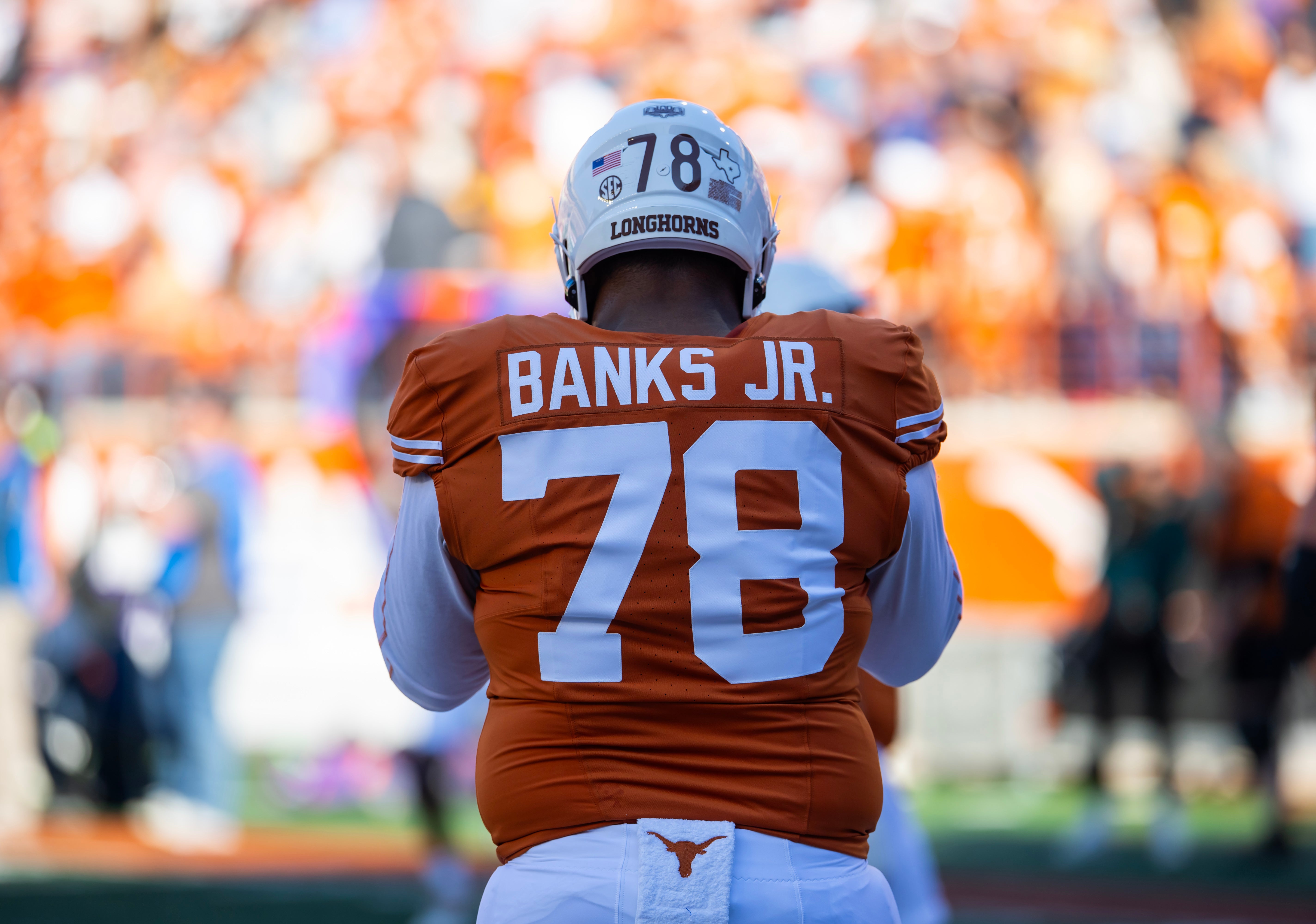 Dec 21, 2024; Austin, Texas, USA; Detailed view of the jersey of Texas Longhorns offensive lineman Kelvin Banks Jr. (78) against the Clemson Tigers during the CFP National playoff first round at Darrell K Royal-Texas Memorial Stadium.