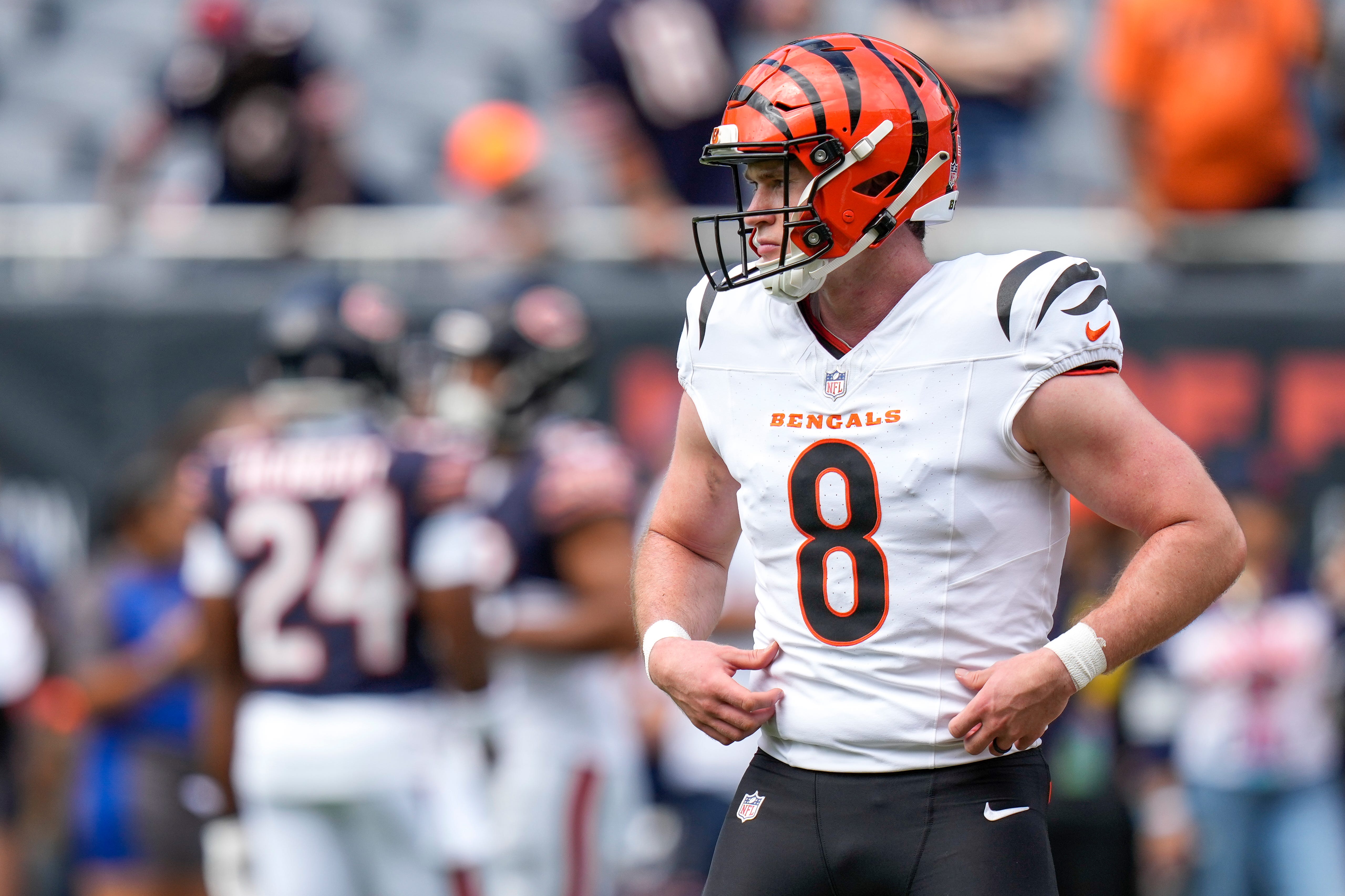 Cincinnati Bengals punter Ryan Rehkow (8) takes reps during warmups before the NFL Preseason Week 2 game between the Chicago Bears and the Cincinnati Bengals at Soldier Field in downtown Chicago on Saturday, Aug. 17, 2024.  