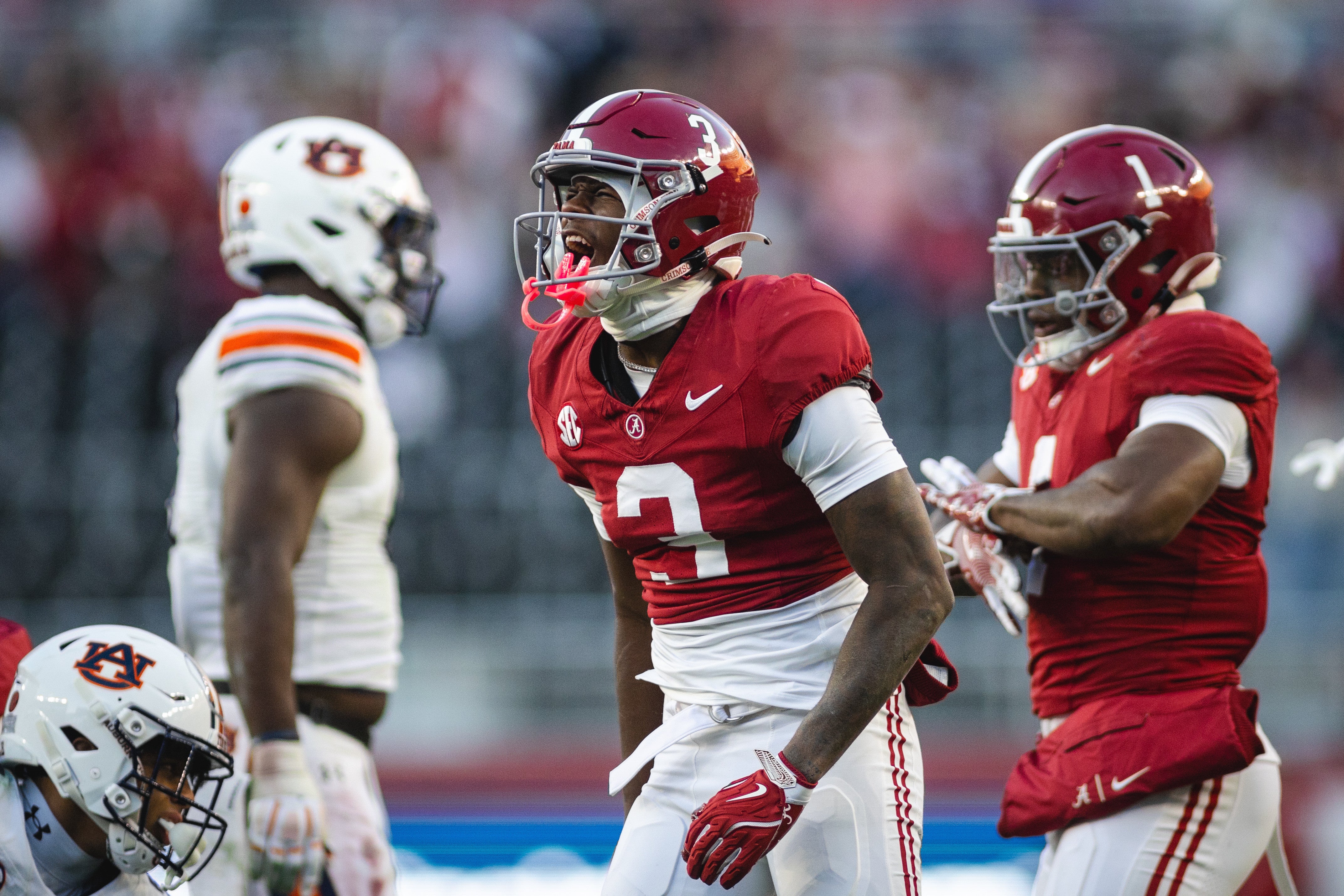 Keon Sabb celebrates a defensive play for the Alabama Crimson Tide