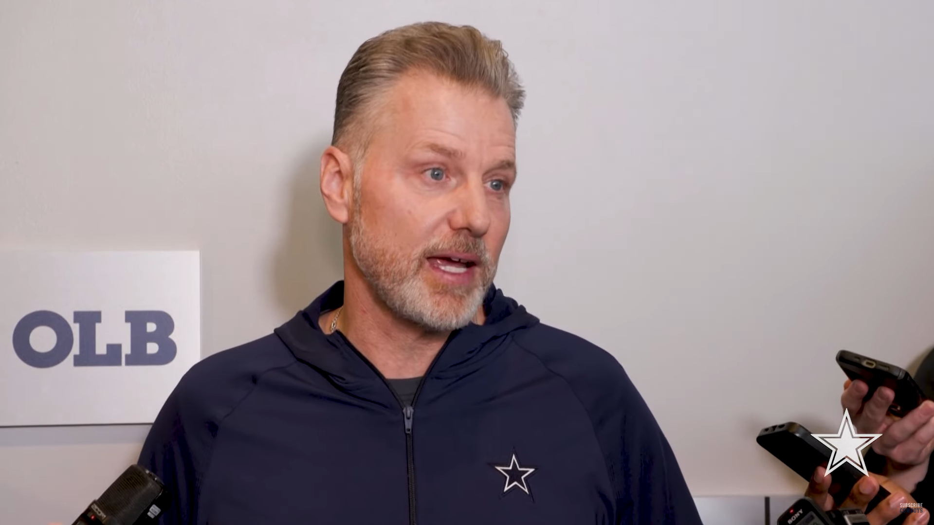 Dallas Cowboys DC Matt Eberflus talks to reporters about Micah Parsons.