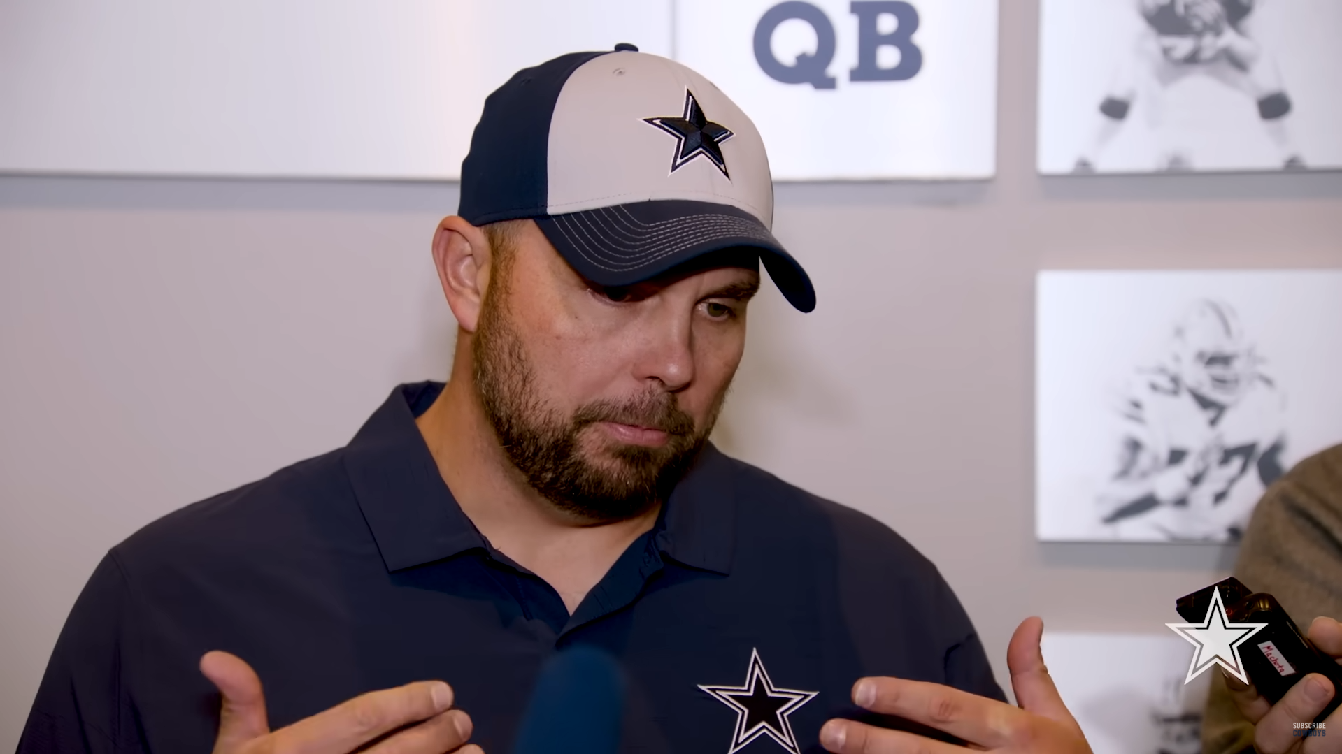 Dallas Cowboys offensive coordinator Klayton Adams talks to the media.