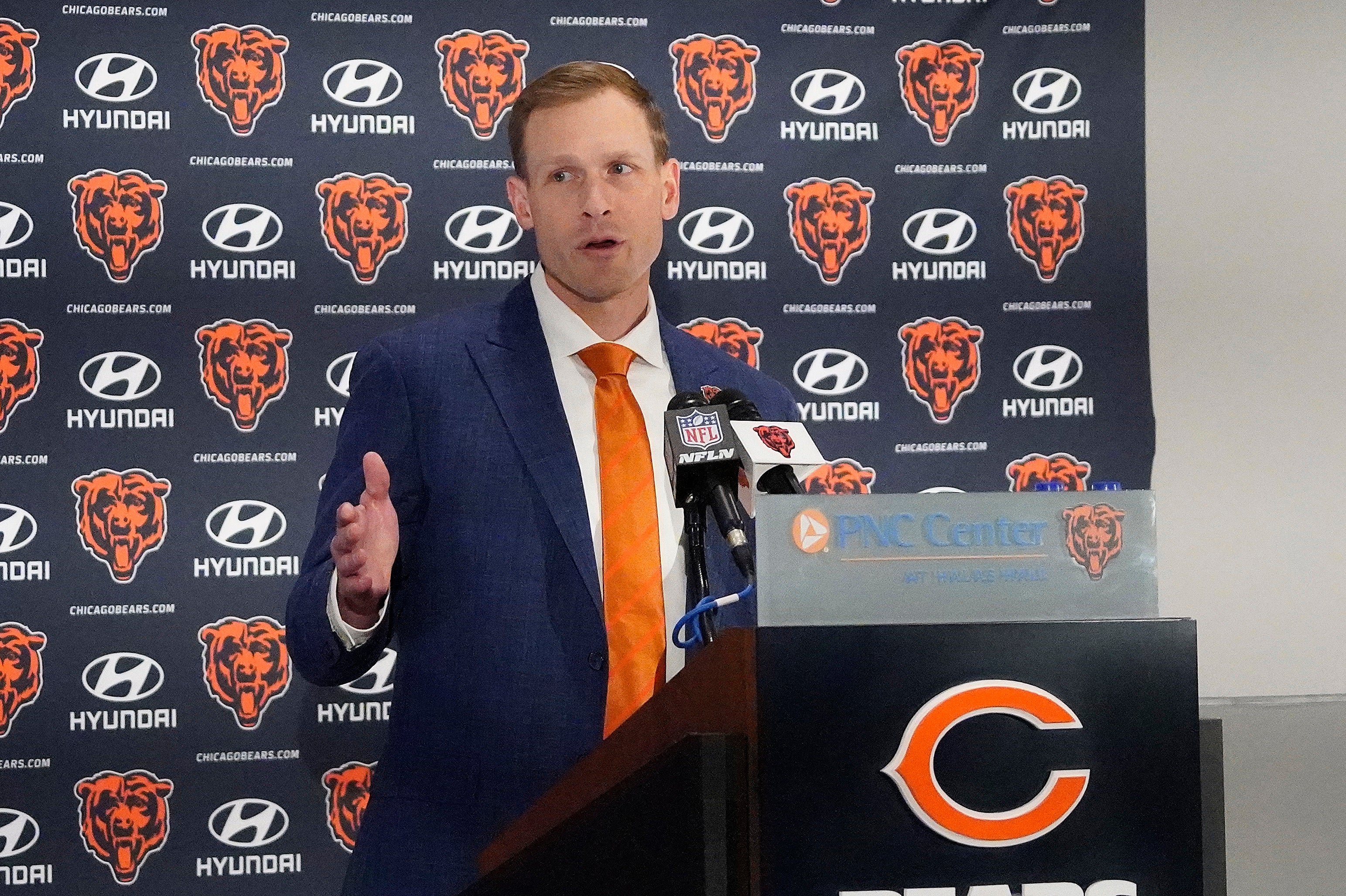 Jan 22, 2025; Lake Forest, IL, USA; Chicago Bears head coach Ben Johnson answers questions during introductory press conference at PNC Center.
