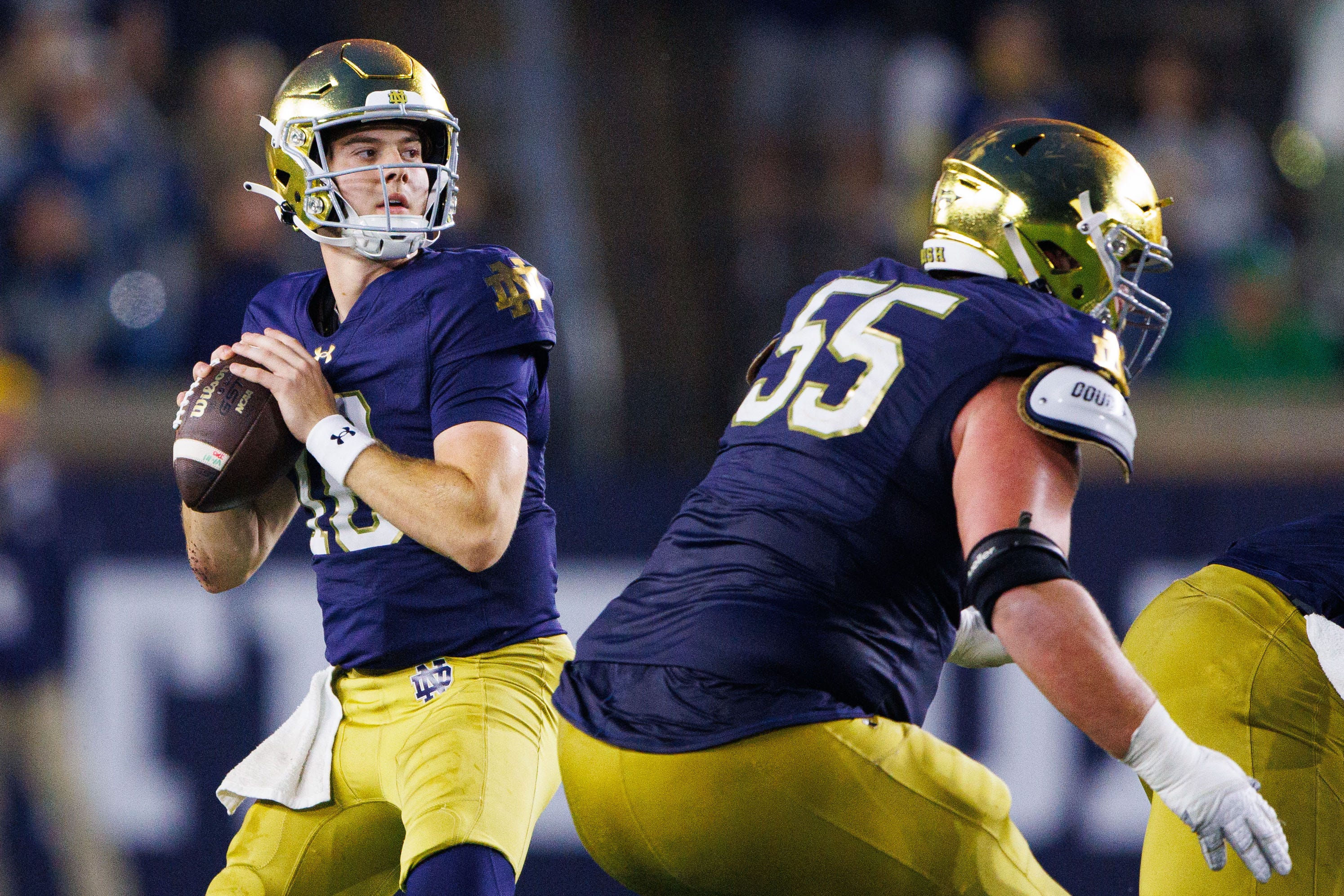 Notre Dame quarterback Steve Angeli (18) looks for an open receiver during a NCAA college football game between Notre Dame and Stanford at Notre Dame Stadium on Saturday, Oct. 12, 2024, in South Bend.
