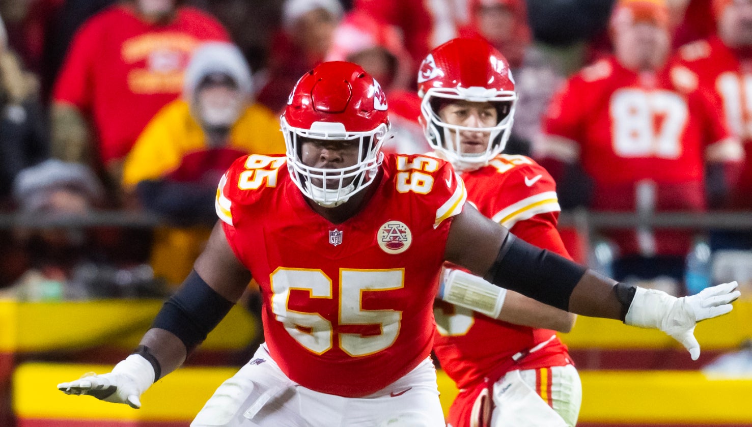 Jan 26, 2025; Kansas City, MO, USA; Kansas City Chiefs guard Trey Smith (65) against the Buffalo Bills in the AFC Championship game at GEHA Field at Arrowhead Stadium.