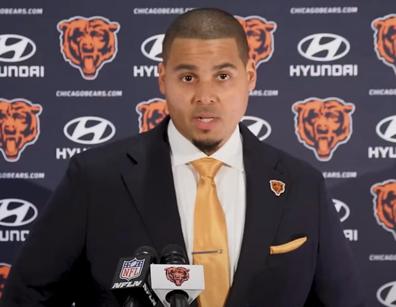 Ryan Poles addresses the media at Halas Hall.