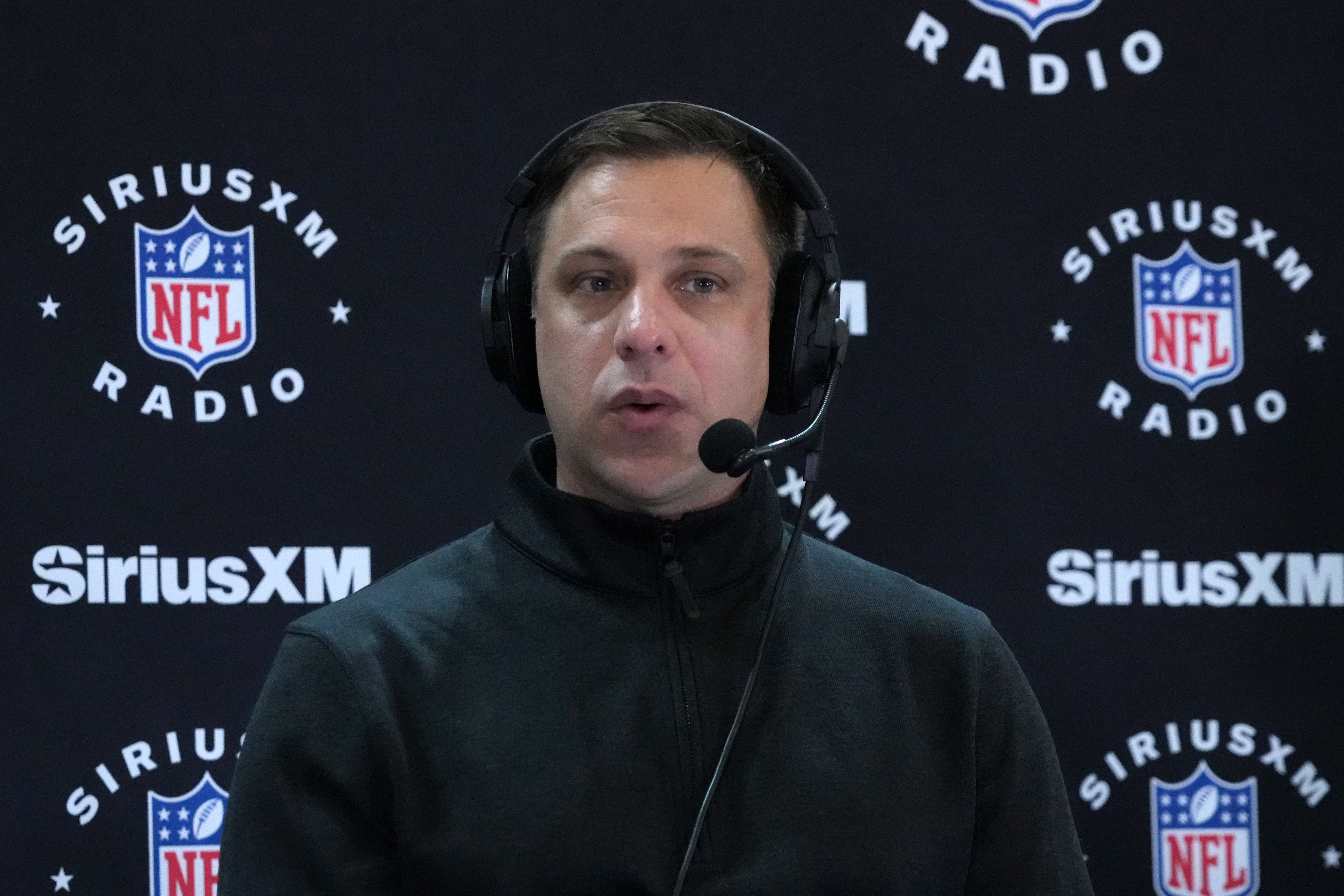 Feb 27, 2024; Indianapolis, IN, USA; Kansas City Chiefs general manager Brett Veach on the SiriusXM radio set at the NFL Scouting Combine at Indiana Convention Center.