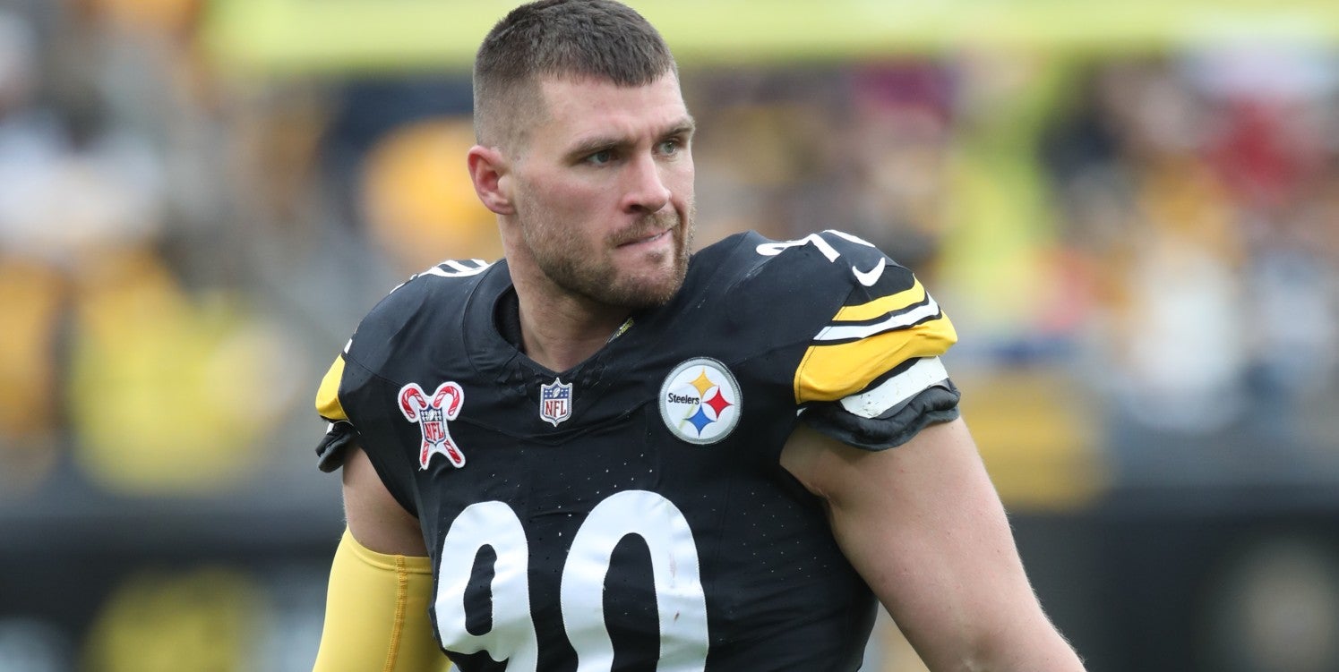 Dec 25, 2024; Pittsburgh, Pennsylvania, USA; Pittsburgh Steelers linebacker T.J. Watt (90) looks on against the Kansas City Chiefs during the fourth quarter at Acrisure Stadium.