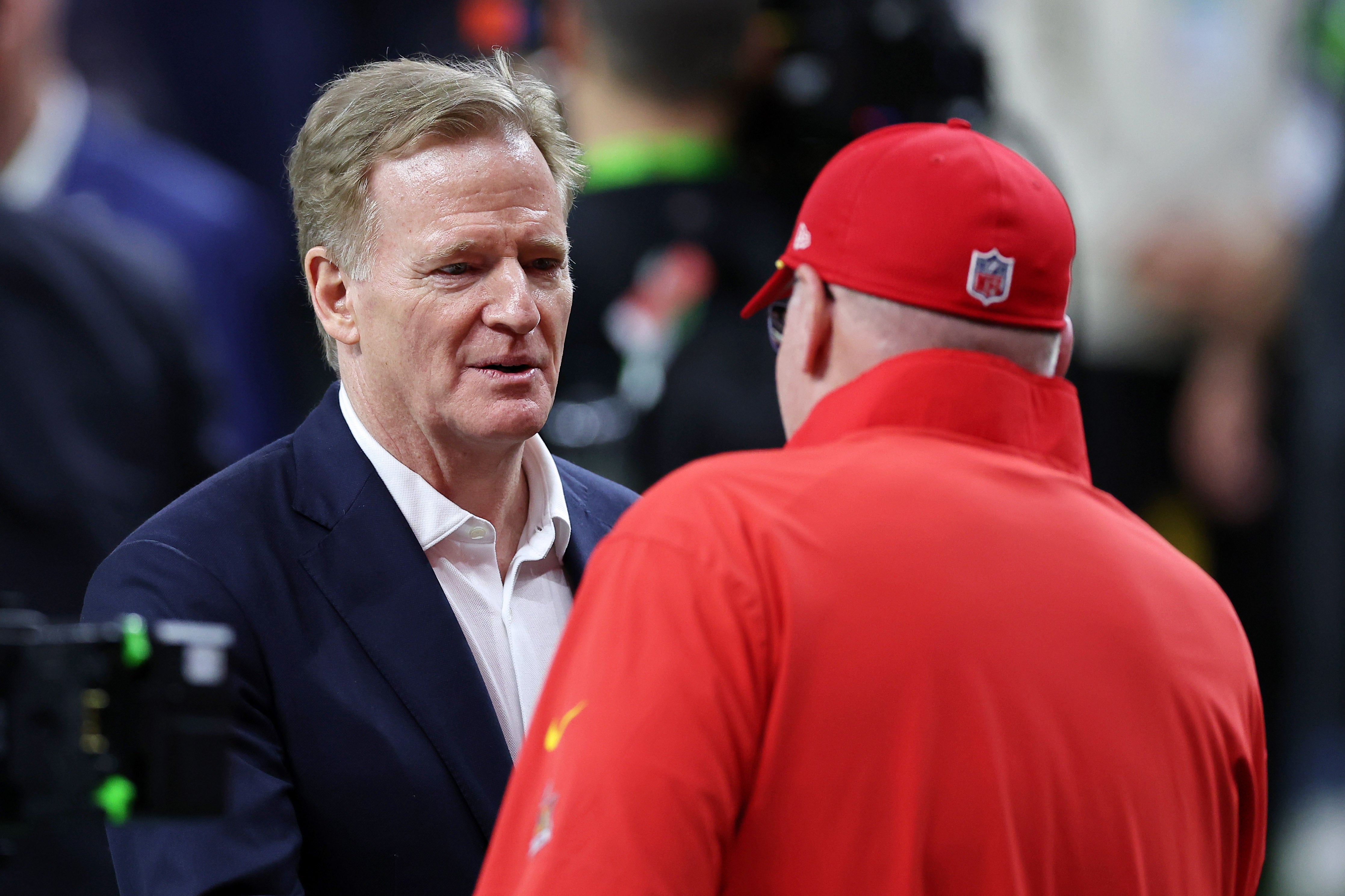 Feb 9, 2025; New Orleans, LA, USA; NFL commissioner Roger Goodell shakes hands with Kansas City Chiefs head coach Andy Reid before Super Bowl LIX between the Philadelphia Eagles and the Kansas City Chiefs at Caesars Superdome.