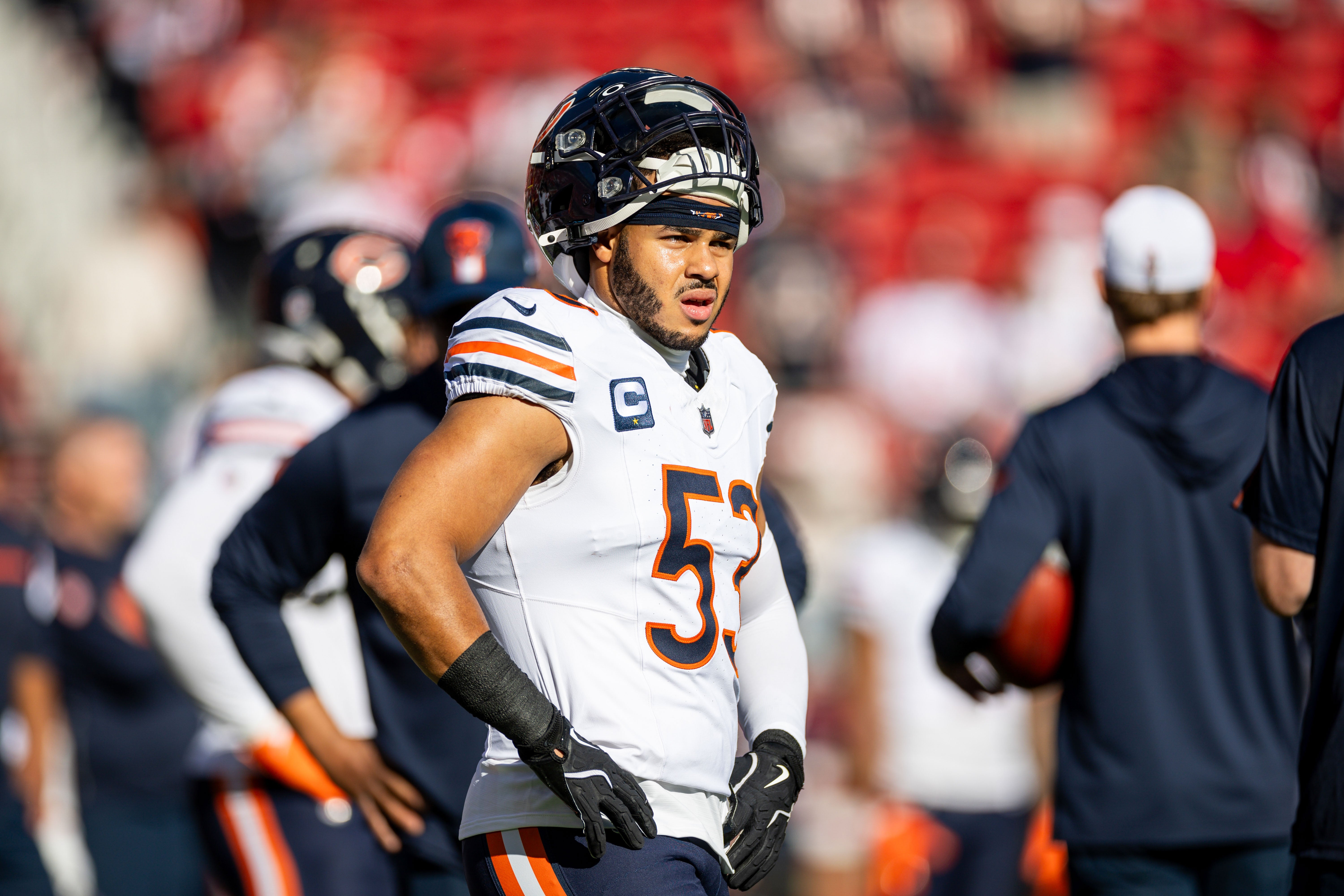 Dec 8, 2024; Santa Clara, California, USA; Chicago Bears linebacker T.J. Edwards (53) warms up before the game against the San Francisco 49ers at Levi's Stadium.
