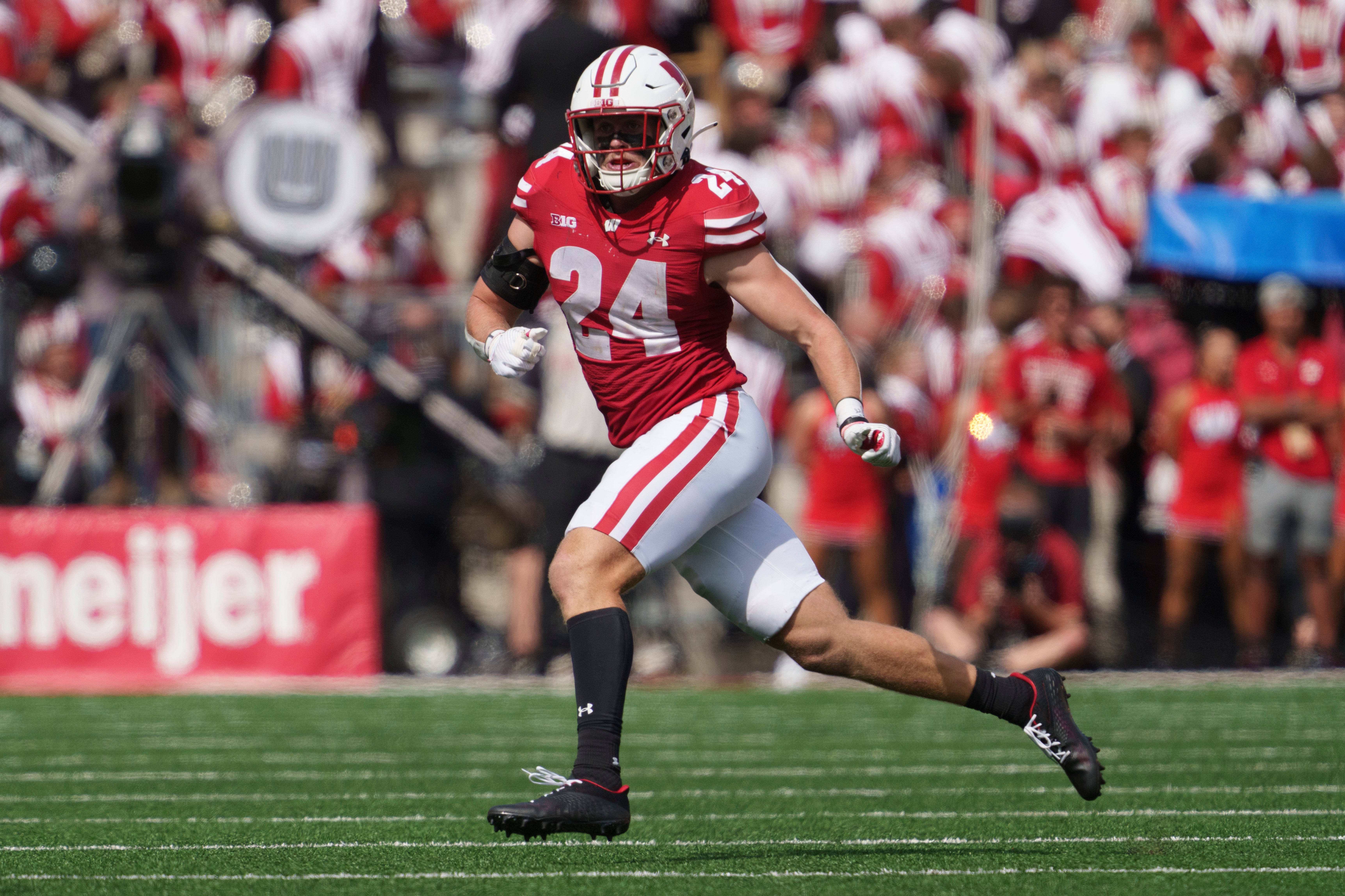 Sep 14, 2024; Madison, Wisconsin, USA; Wisconsin Badgers safety Hunter Wohler (24) during the game against the Alabama Crimson Tide at Camp Randall Stadium.