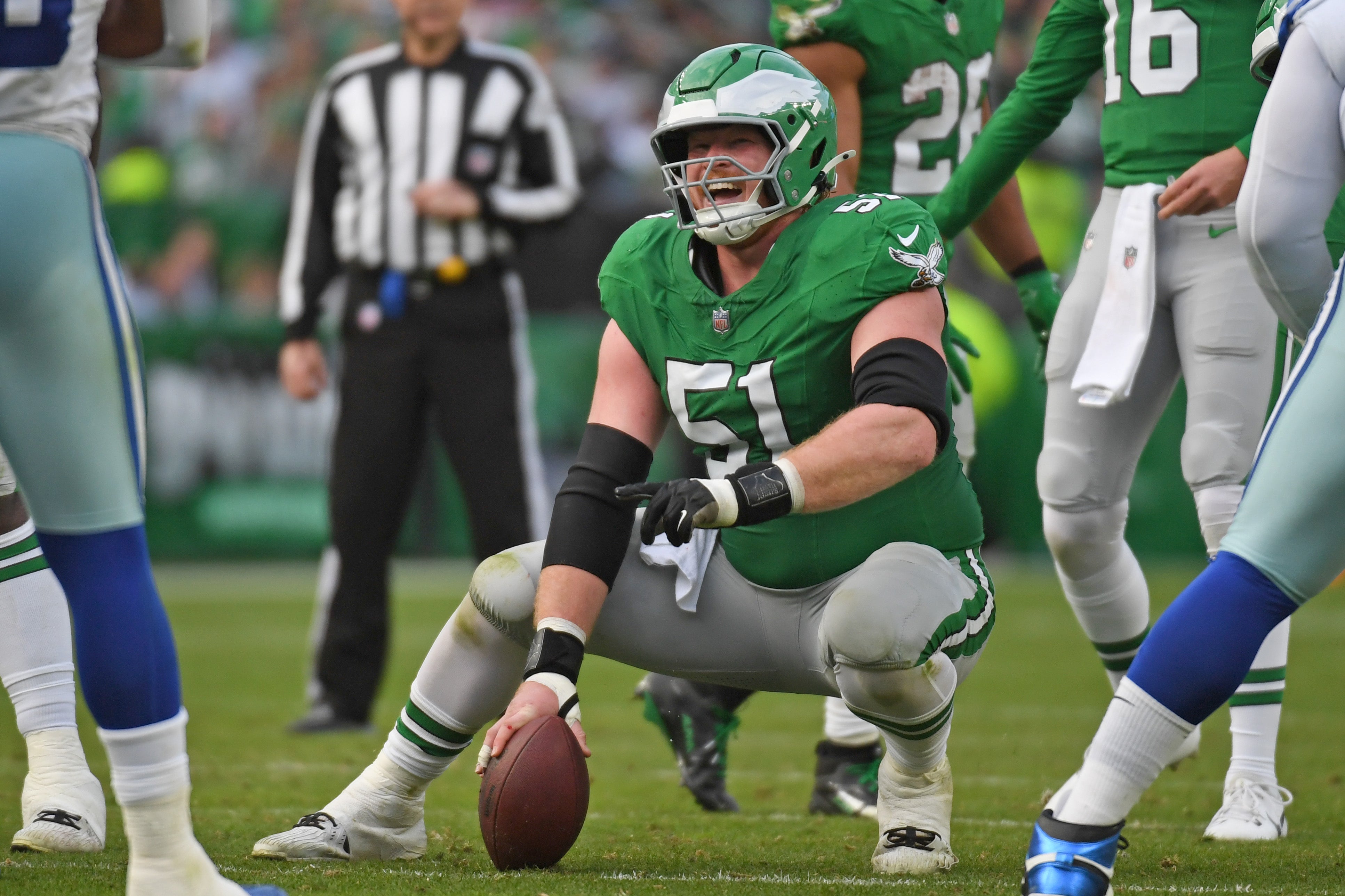 Dec 29, 2024; Philadelphia, Pennsylvania, USA; Philadelphia Eagles center Cam Jurgens (51) against the Dallas Cowboys at Lincoln Financial Field.