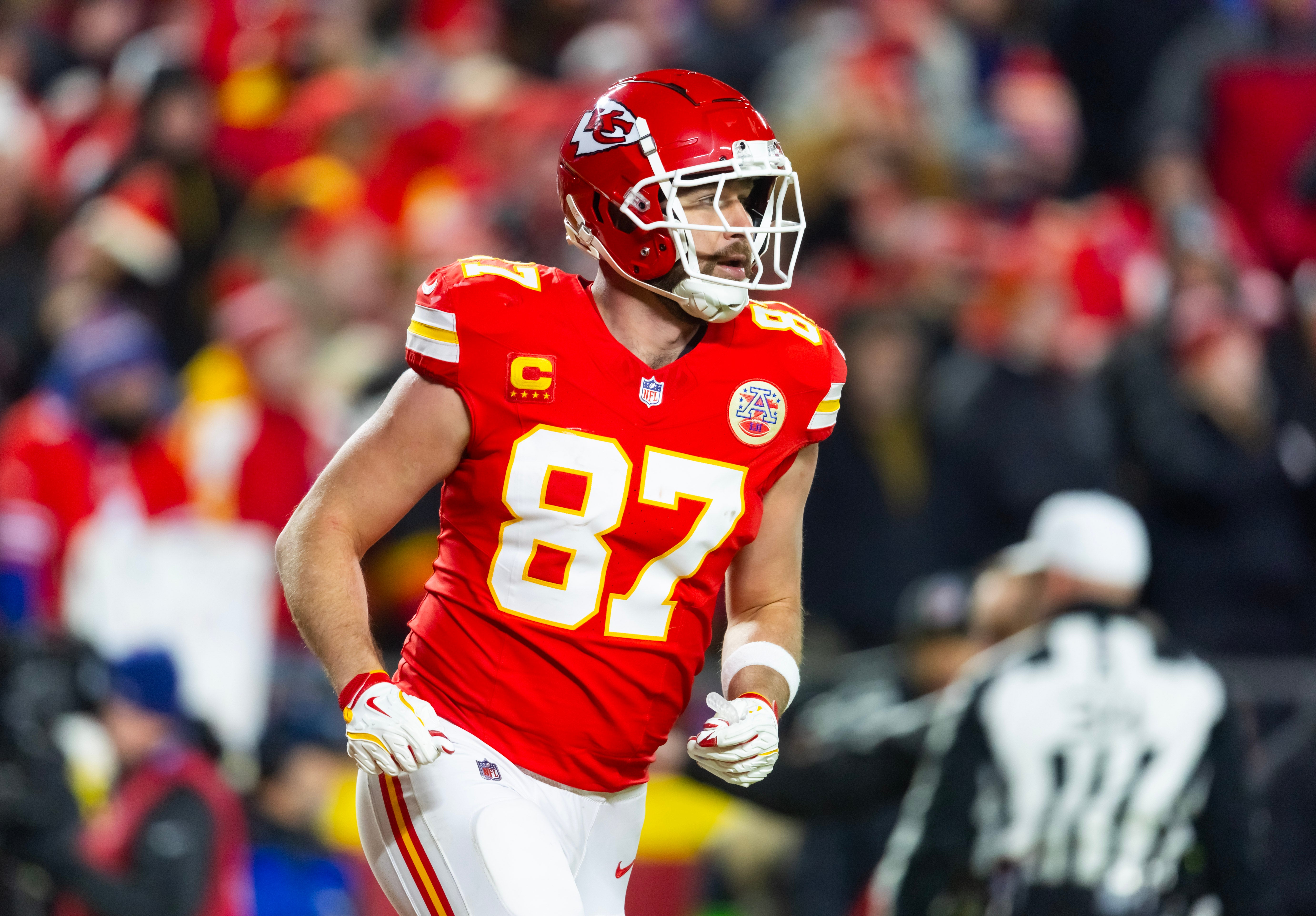Jan 26, 2025; Kansas City, MO, USA; Kansas City Chiefs tight end Travis Kelce (87) against the Buffalo Bills during the AFC Championship game at GEHA Field at Arrowhead Stadium.