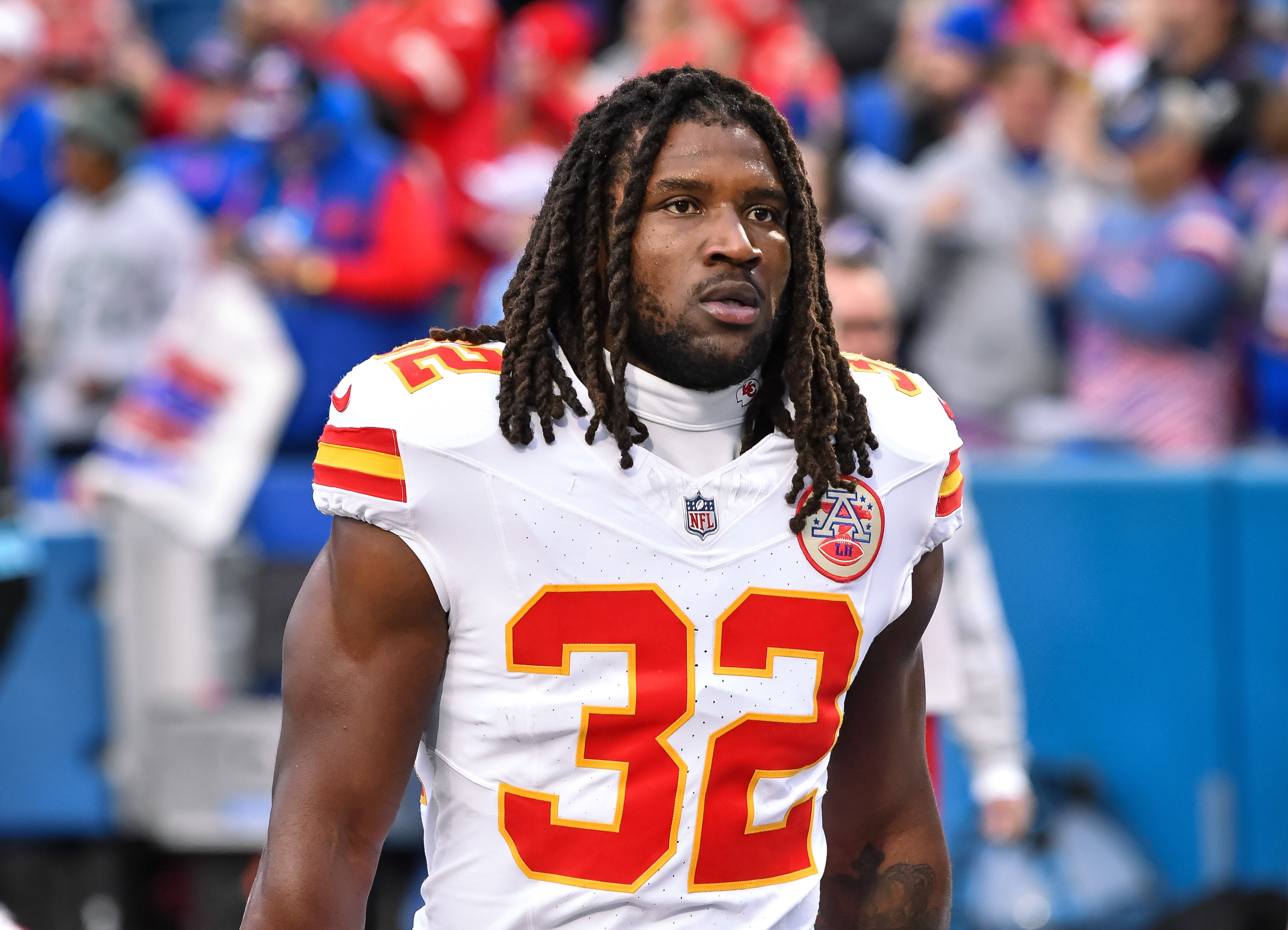 Nov 17, 2024; Orchard Park, New York, USA; Kansas City Chiefs linebacker Nick Bolton (32) enters the field before a game against the Buffalo Bills at Highmark Stadium.