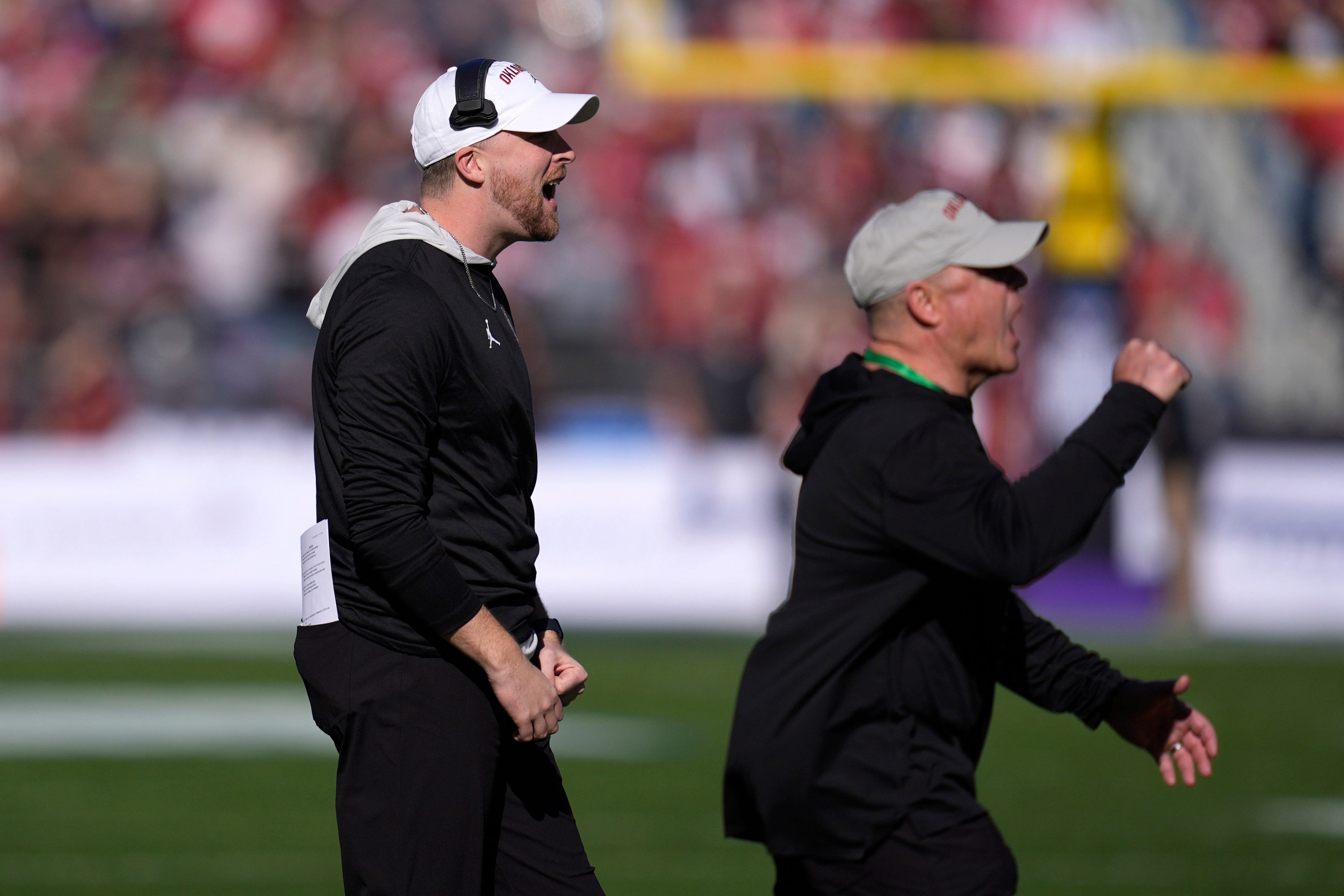 Oklahoma's Ben Arbuckle celebrates after an Oklahoma touchdown during the Armed Forces Bowl football game between the University of Oklahoma Sooners (OU) and the Navy Midshipmen at Amon G. Carter Stadium in Fort Worth, Texas, Friday, Dec. 27, 2024.