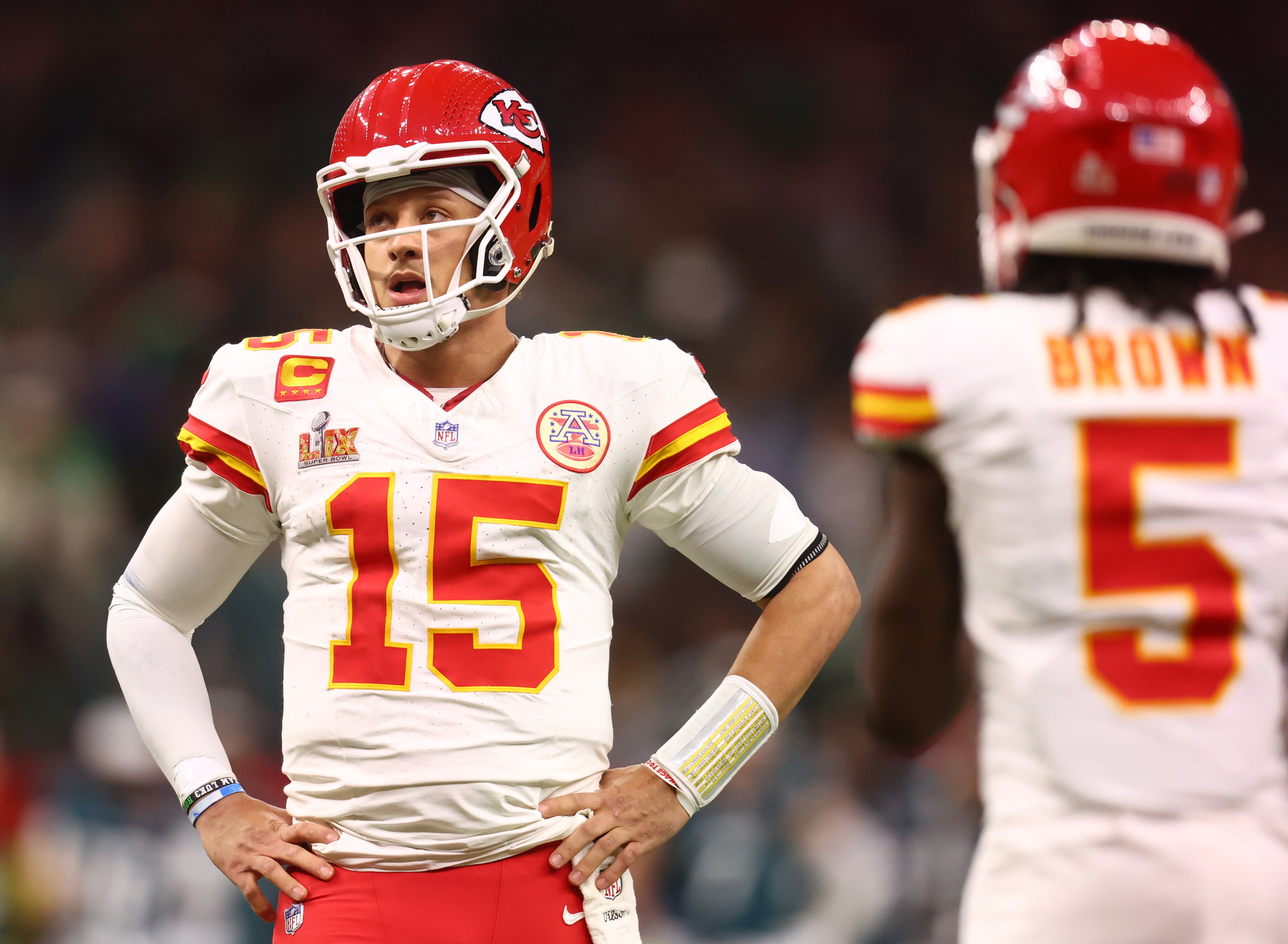 Feb 9, 2025; New Orleans, LA, USA; Kansas City Chiefs quarterback Patrick Mahomes (15) reacts in the fourth quarter against the Philadelphia Eagles in Super Bowl LIX at Ceasars Superdome.