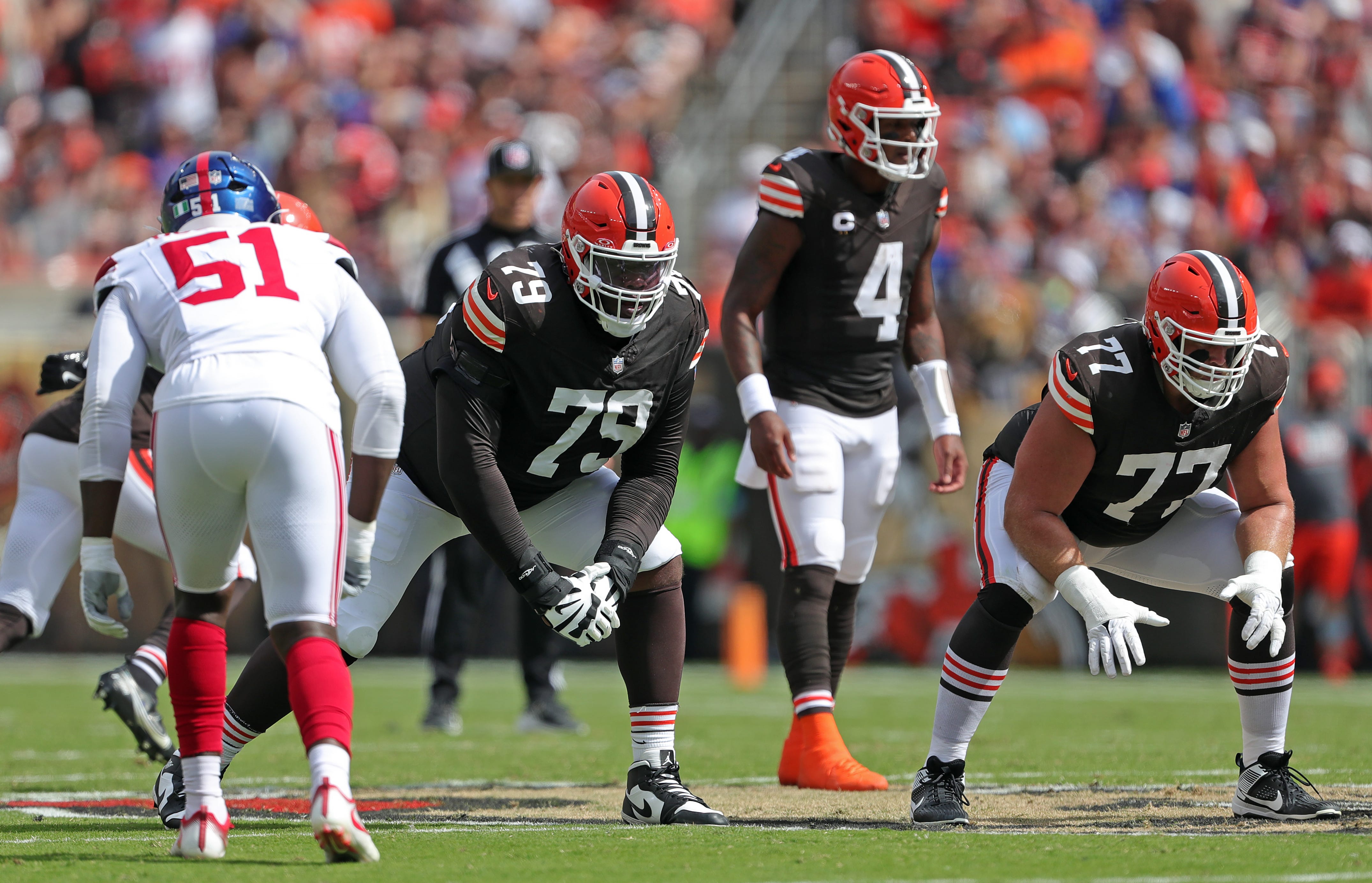 Cleveland Browns offensive tackle Dawand Jones (79) and guard Wyatt Teller (77) wait for the snap during the first half against the New York Giants on Sunday, Sept. 22, 2024, in Cleveland, Ohio.Jeff Lange / USA TODAY NETWORK via Imagn Images