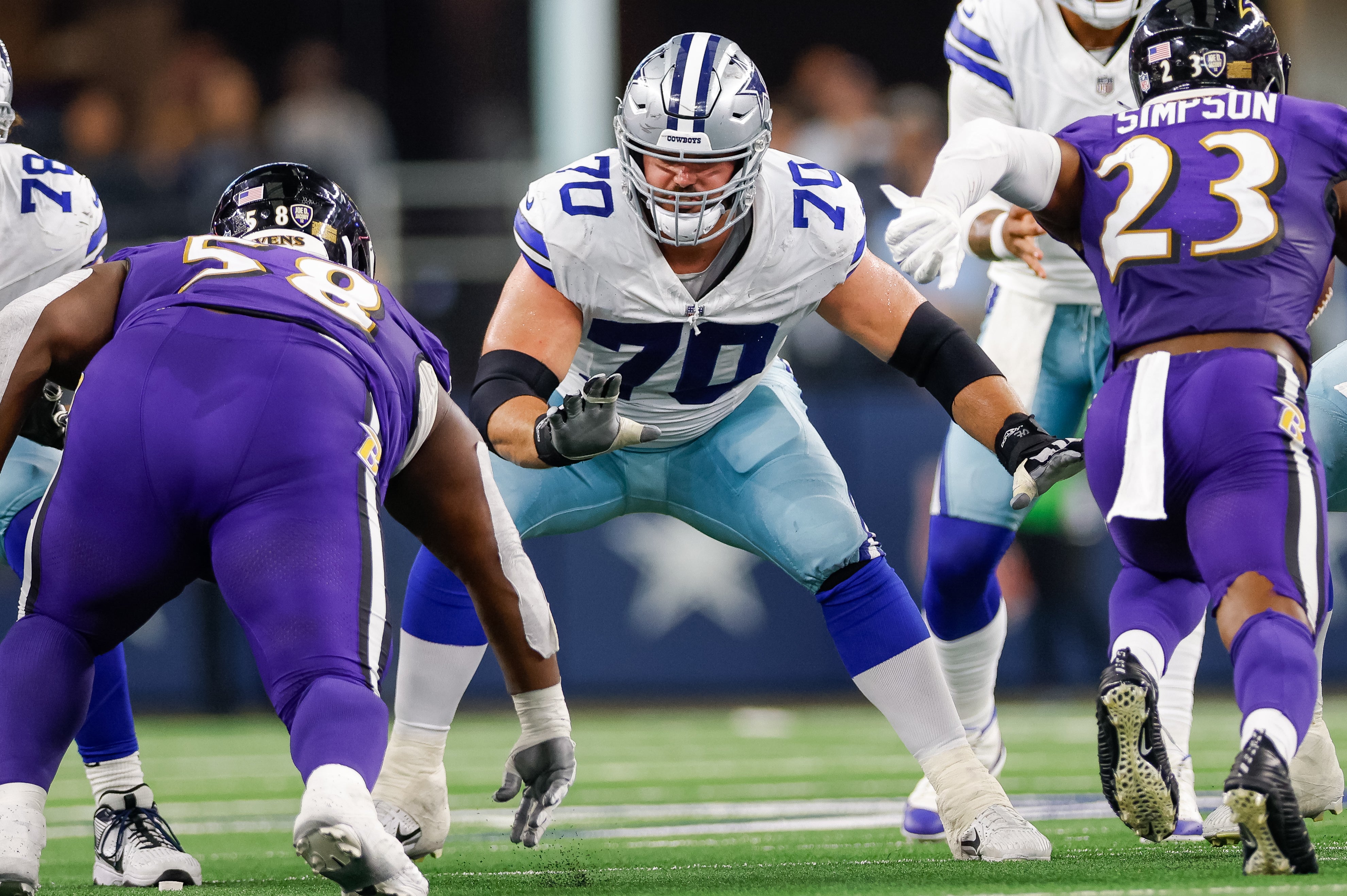 Dallas Cowboys guard Zack Martin (70) blocks during the fourth quarter against the Baltimore Ravens at AT&T Stadium.