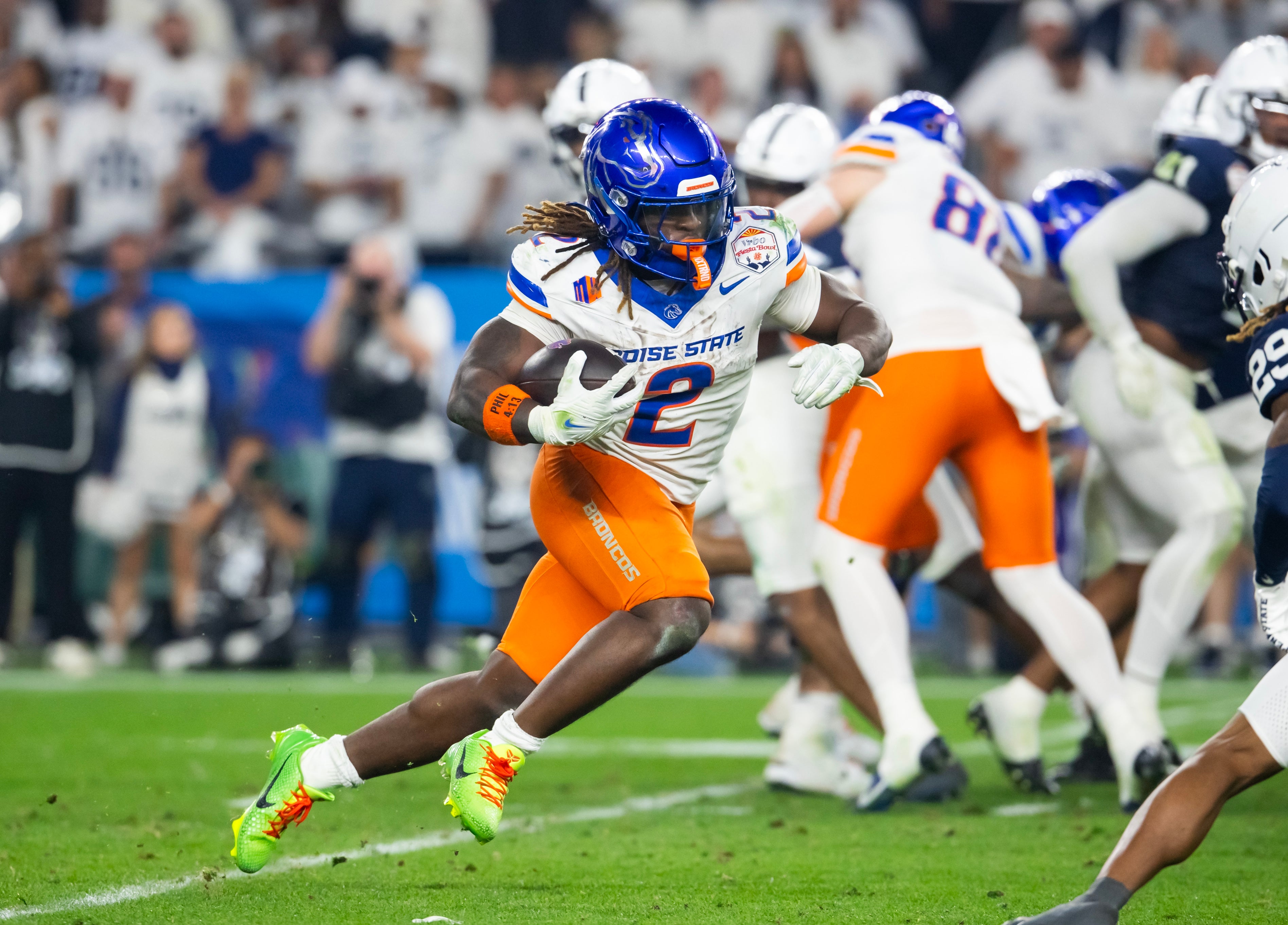 Dec 31, 2024; Glendale, AZ, USA; Boise State Broncos running back Ashton Jeanty (2) against the Penn State Nittany Lions during the Fiesta Bowl at State Farm Stadium. Mandatory Credit: Mark J. Rebilas-Imagn Images