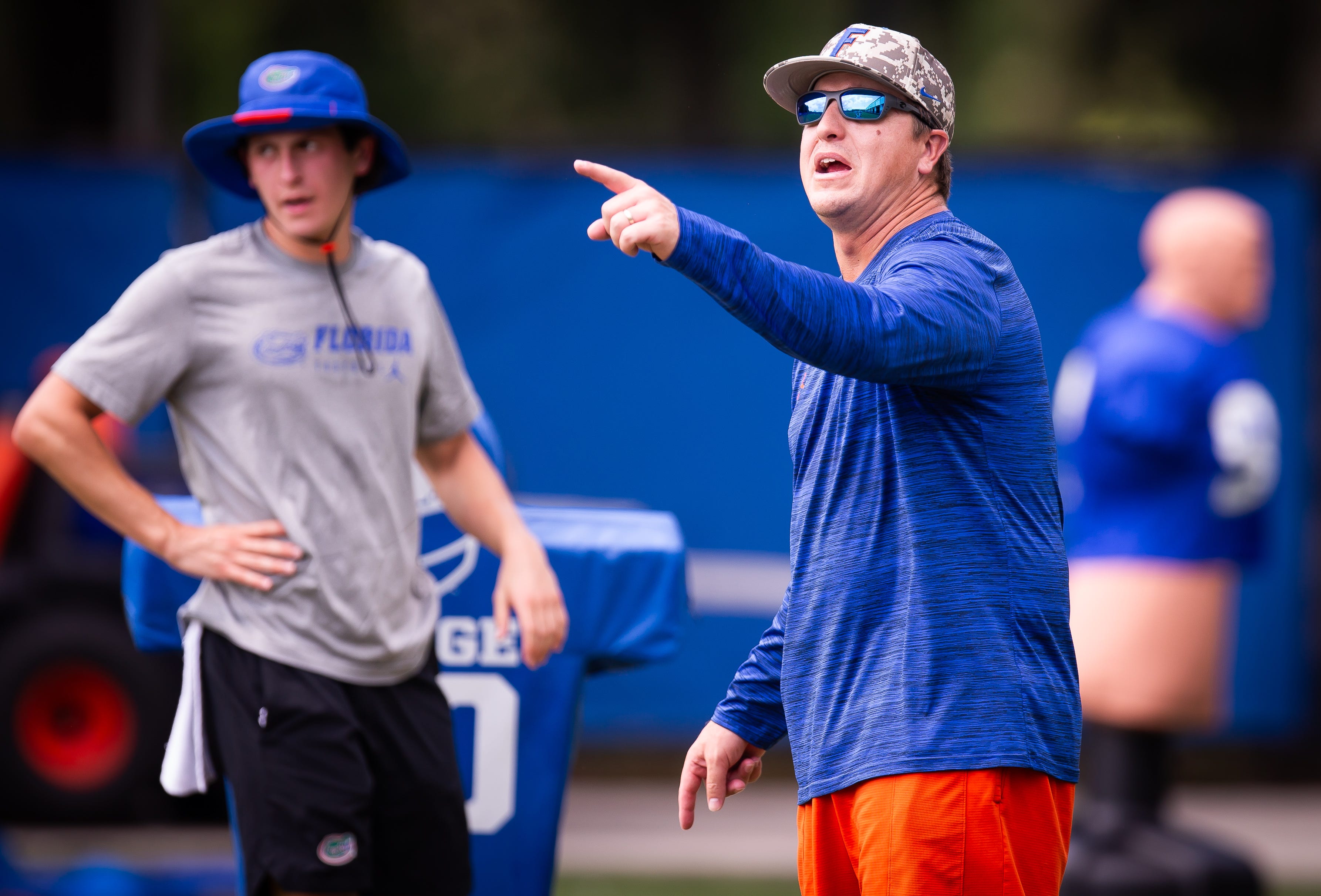 Co-Offensive Coordinator / Tight Ends Coach Russ Callaway, coaches during Fall practice at Sanders Practice Fields in Gainesville, FL on Tuesday, August 13, 2024.