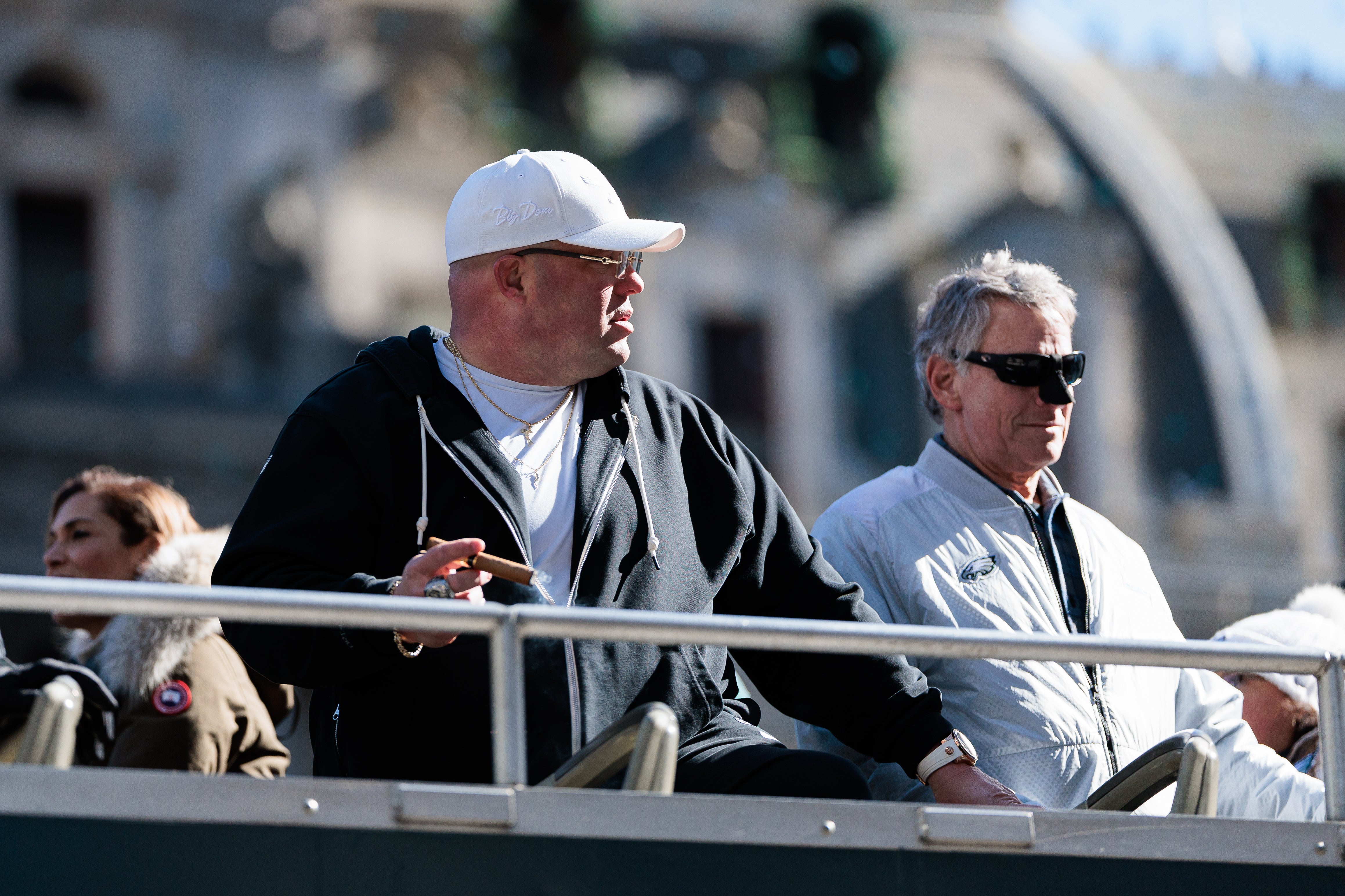 Feb 14, 2025; Philadelphia, PA, USA; Philadelphia Eagles chief security officer Dom DiSandro celebrates aboard a bus during the Super Bowl LIX championship parade and rally.