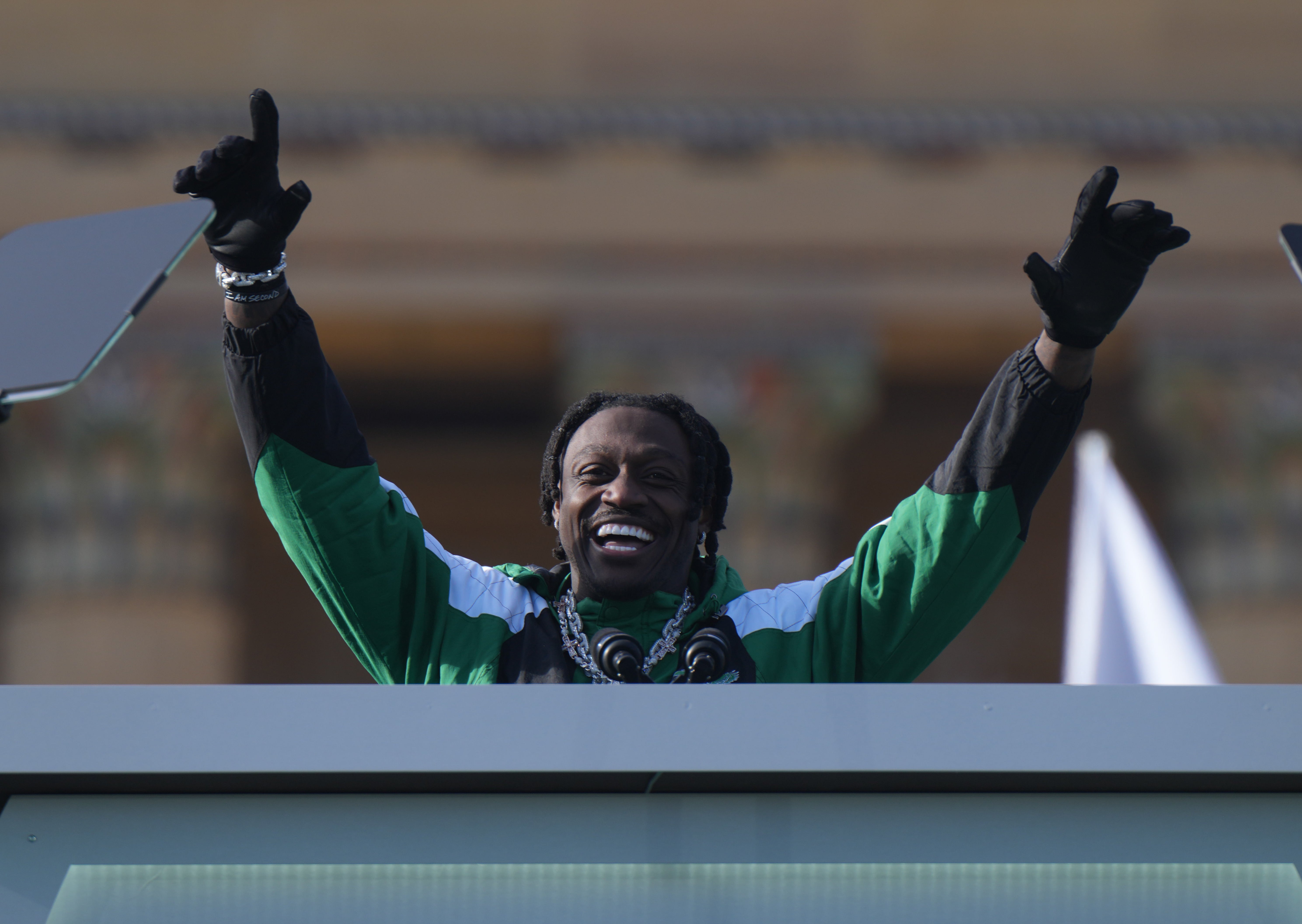 Feb 14, 2025; Philadelphia, PA, USA; Philadelphia Eagles receiver A.J. Brown addresses the crowd during the Super Bowl LIX championship parade and rally.