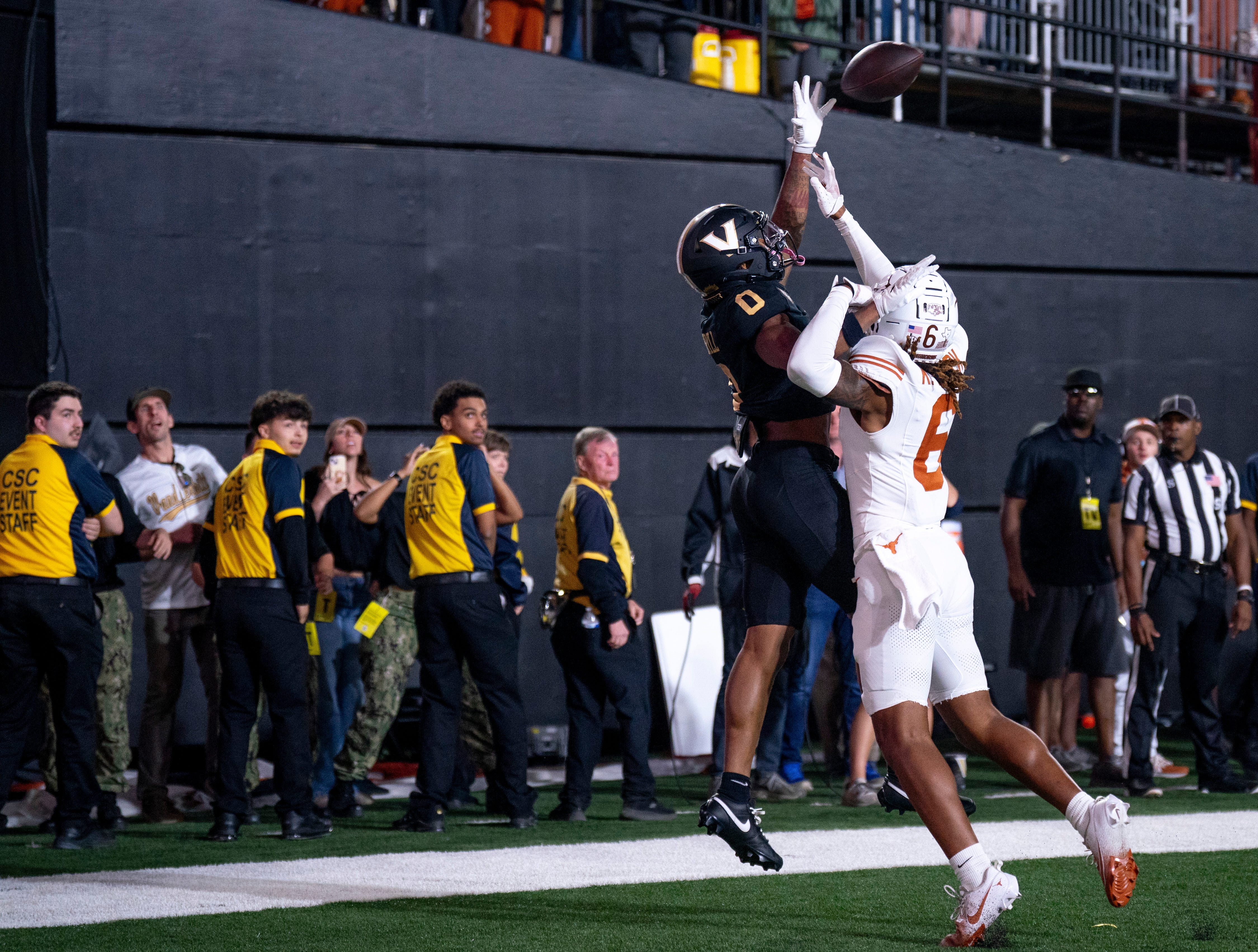 Vanderbilt Commodores wide receiver Junior Sherrill (0) can't get to a pass in the end zone while guarded by Texas Longhorns defensive back Kobe Black (6) during the second half of their game at FirstBank Stadium in Nashville, Tenn., Sunday, Oct. 27, 2024.
