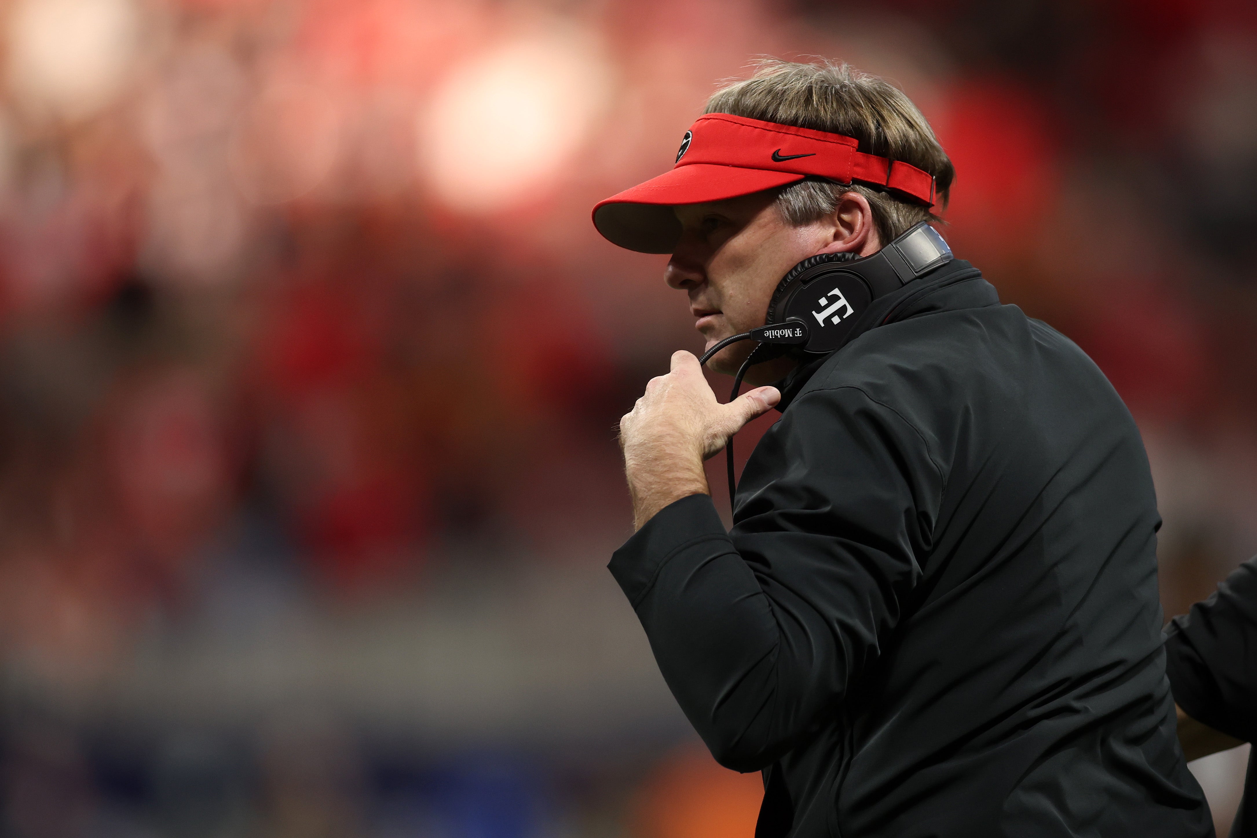 Georgia Bulldogs head coach Kirby Smart during the first half in the 2024 SEC Championship game at Mercedes-Benz Stadium.