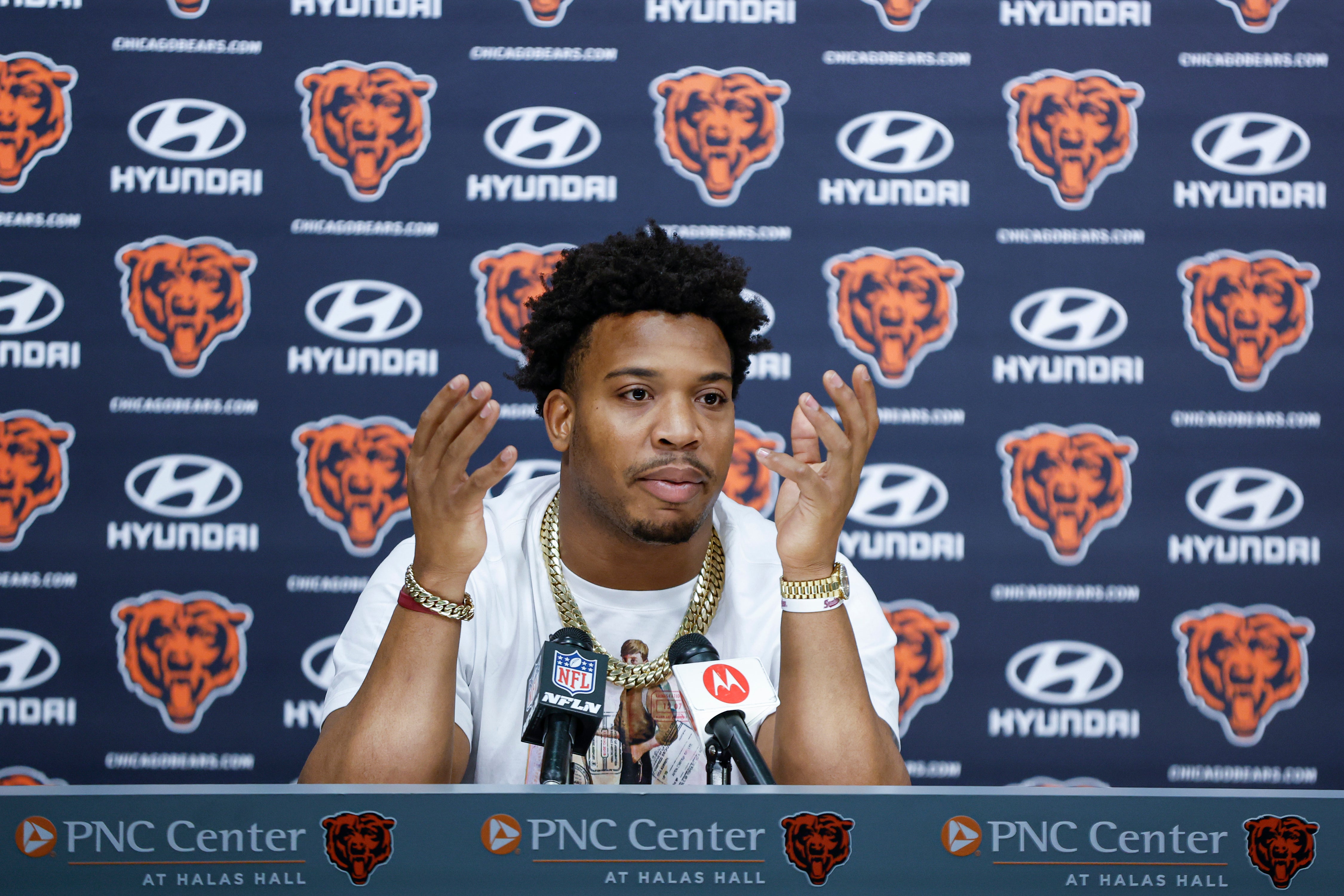 Mar 16, 2023; Lake Forest, IL, USA; Chicago Bears defensive end DeMarcus Walker speaks during a press conference at Halas Hall.