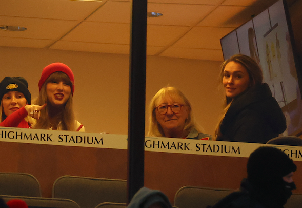 Jan 21, 2024; Orchard Park, New York, USA; Taylor Swift (left), Donna Kelce (center) and Kylie Kelce (right) before the 2024 AFC divisional round game between the Kansas City Chiefs and Buffalo Bills at Highmark Stadium.