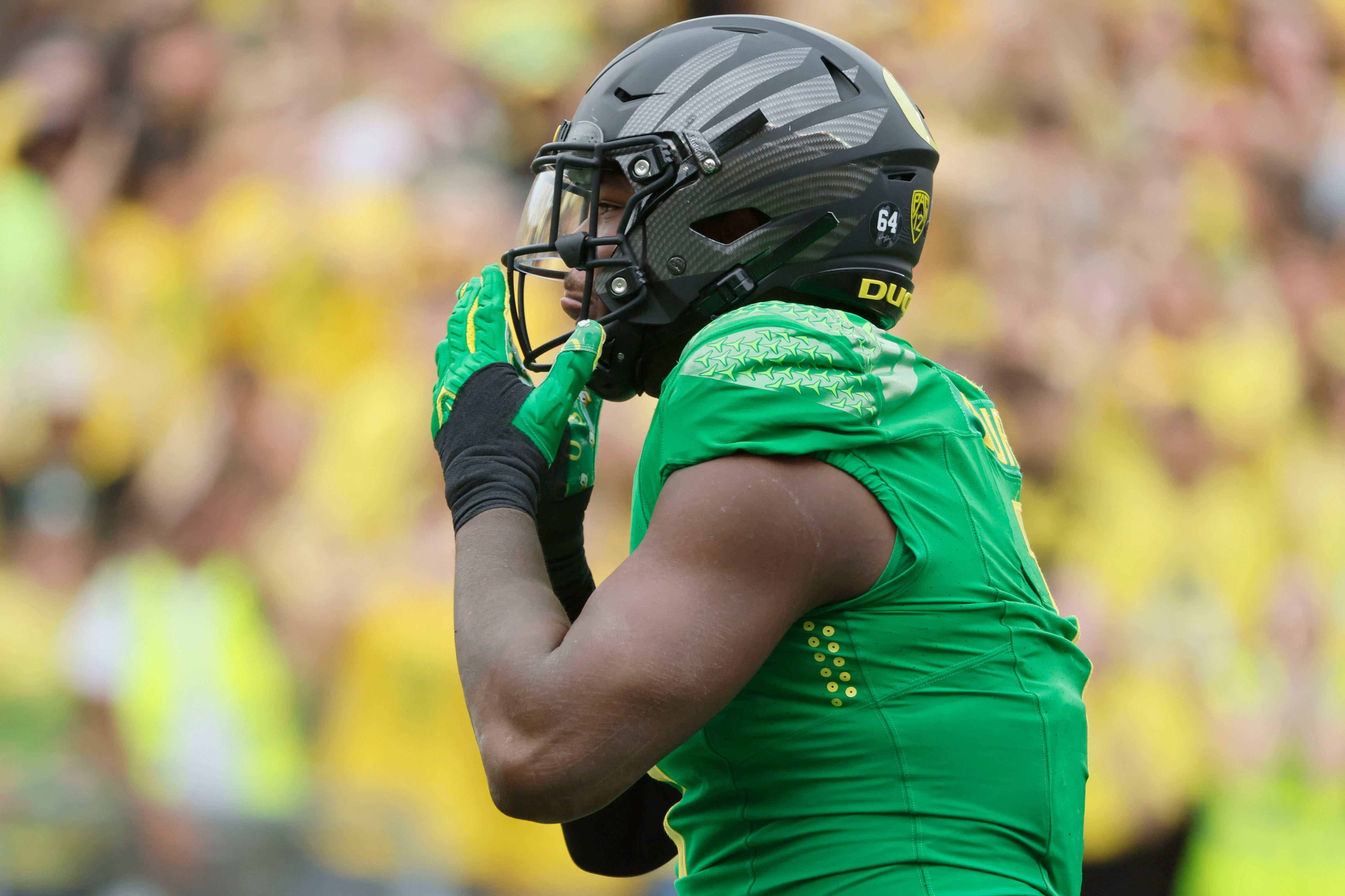 Sep 23, 2023; Eugene, Oregon, USA; Oregon Ducks defensive end Jordan Burch (1) celebrates after a sack during the first half against the Colorado Buffaloes at Autzen Stadium.