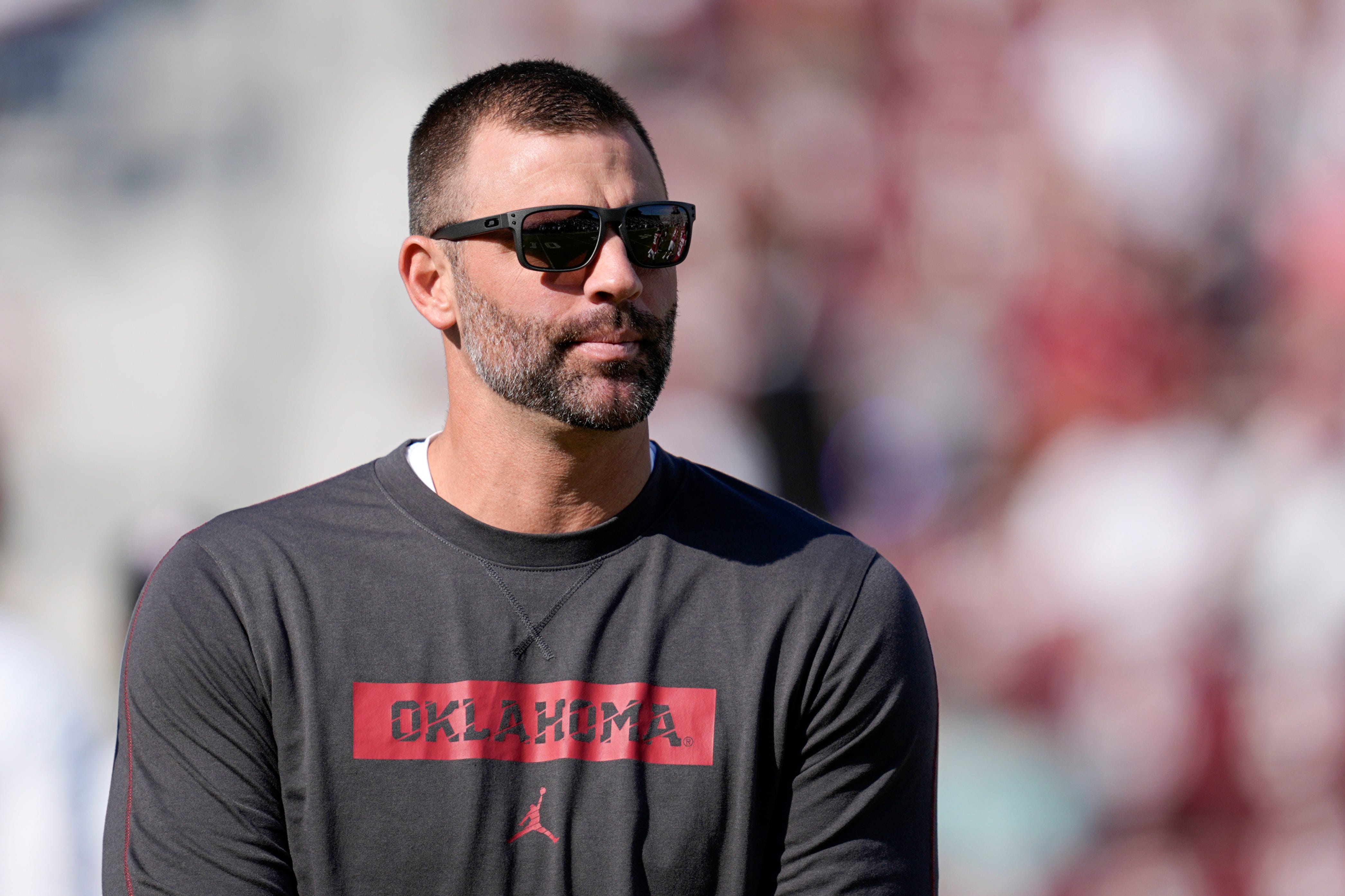 Oklahoma's Joe Jon Finley walks on the field before a college football game between the University of Oklahoma Sooners (OU) and the South Carolina Gamecocks at Gaylord Family - Oklahoma Memorial Stadium in Norman, Okla., Saturday, Oct. 19, 2024.