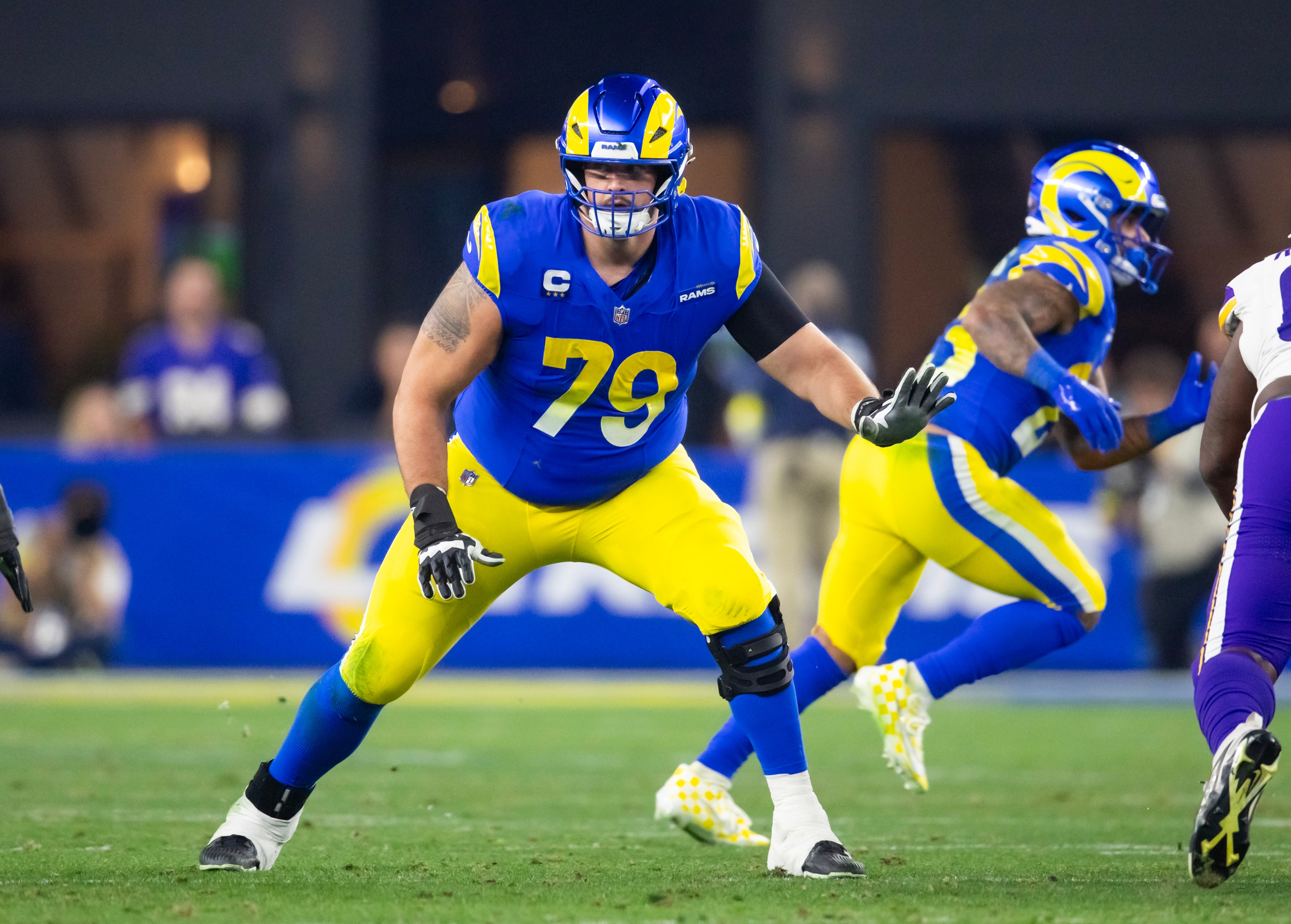Jan 13, 2025; Glendale, AZ, USA; Los Angeles Rams offensive tackle Rob Havenstein (79) against the Minnesota Vikings during an NFC wild card game at State Farm Stadium.