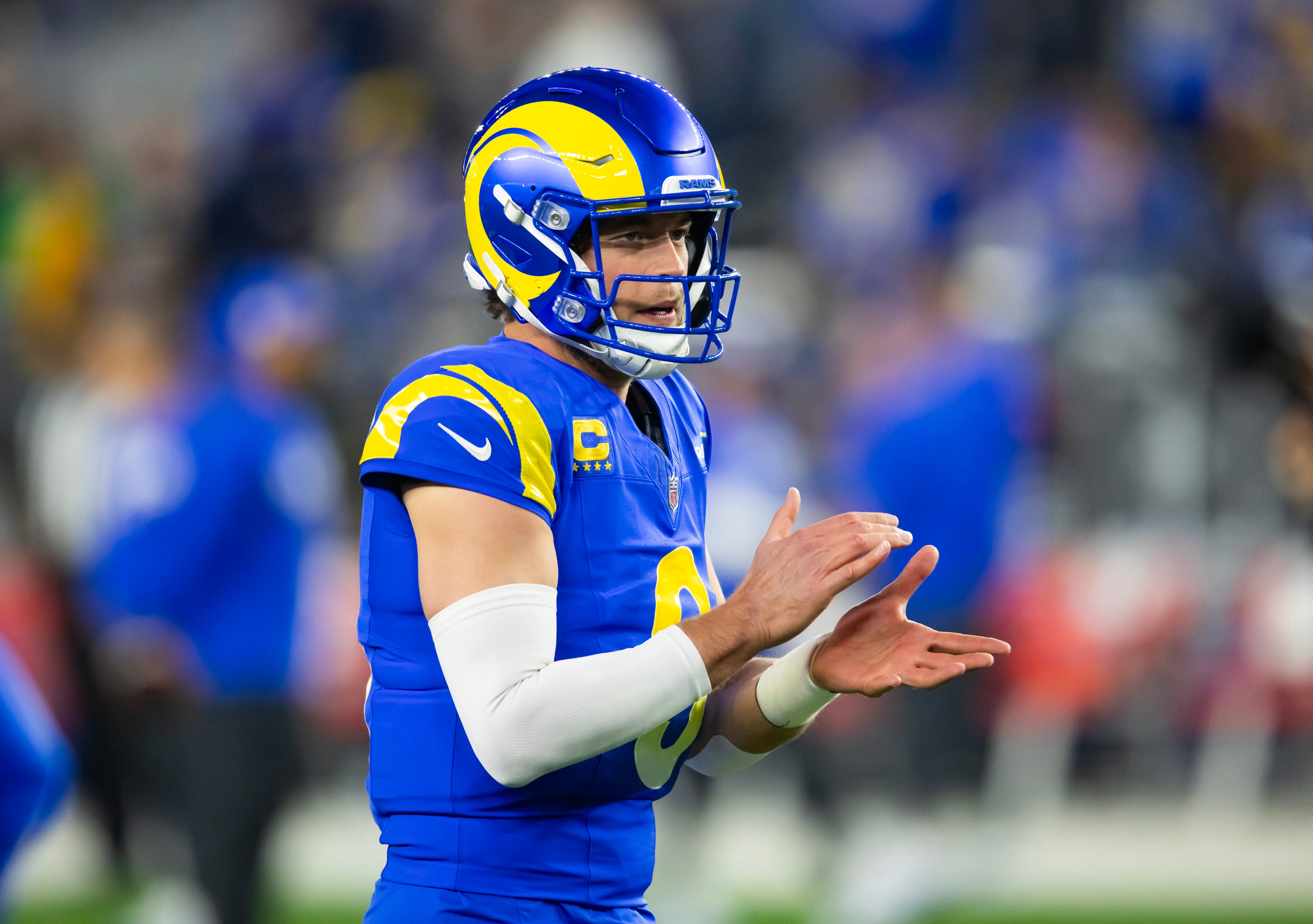 Jan 13, 2025; Glendale, AZ, USA; Los Angeles Rams quarterback Matthew Stafford (9) against the Minnesota Vikings during an NFC wild card game at State Farm Stadium.