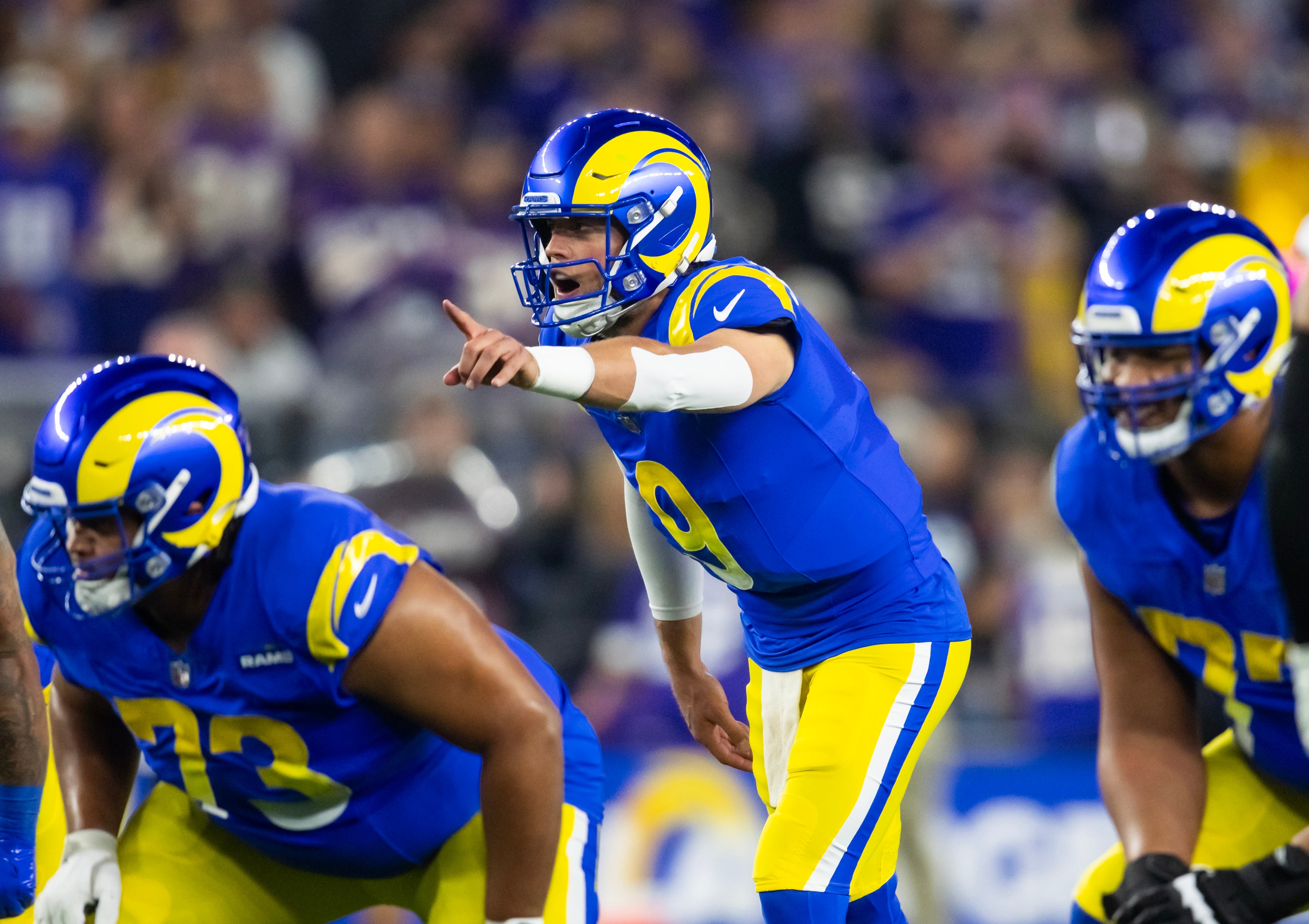 Jan 13, 2025; Glendale, AZ, USA; Los Angeles Rams quarterback Matthew Stafford (9) against the Minnesota Vikings during an NFC wild card game at State Farm Stadium.