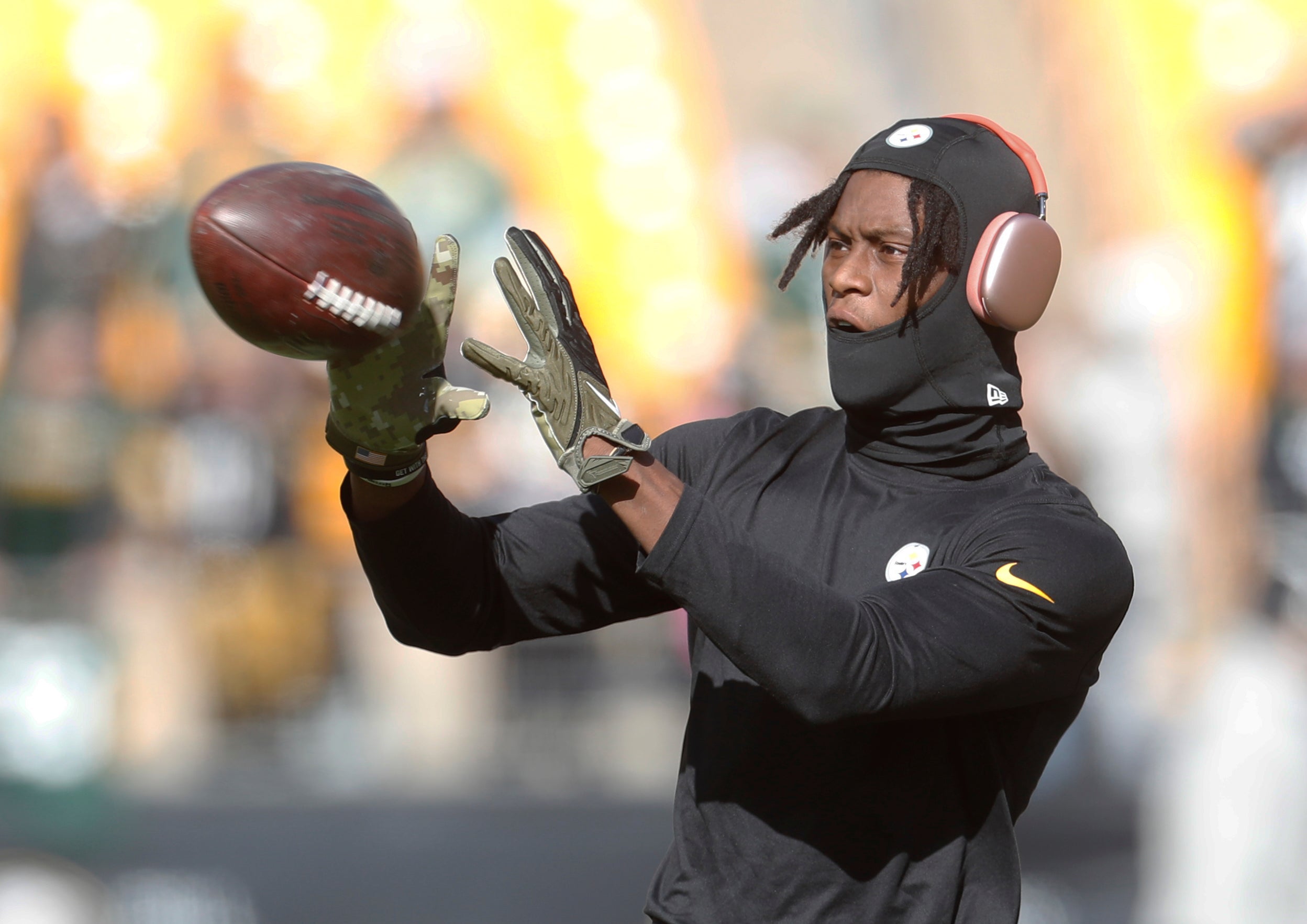 Nov 12, 2023; Pittsburgh, Pennsylvania, USA; Pittsburgh Steelers wide receiver George Pickens (14) warms up before the game against the Green Bay Packers at Acrisure Stadium.