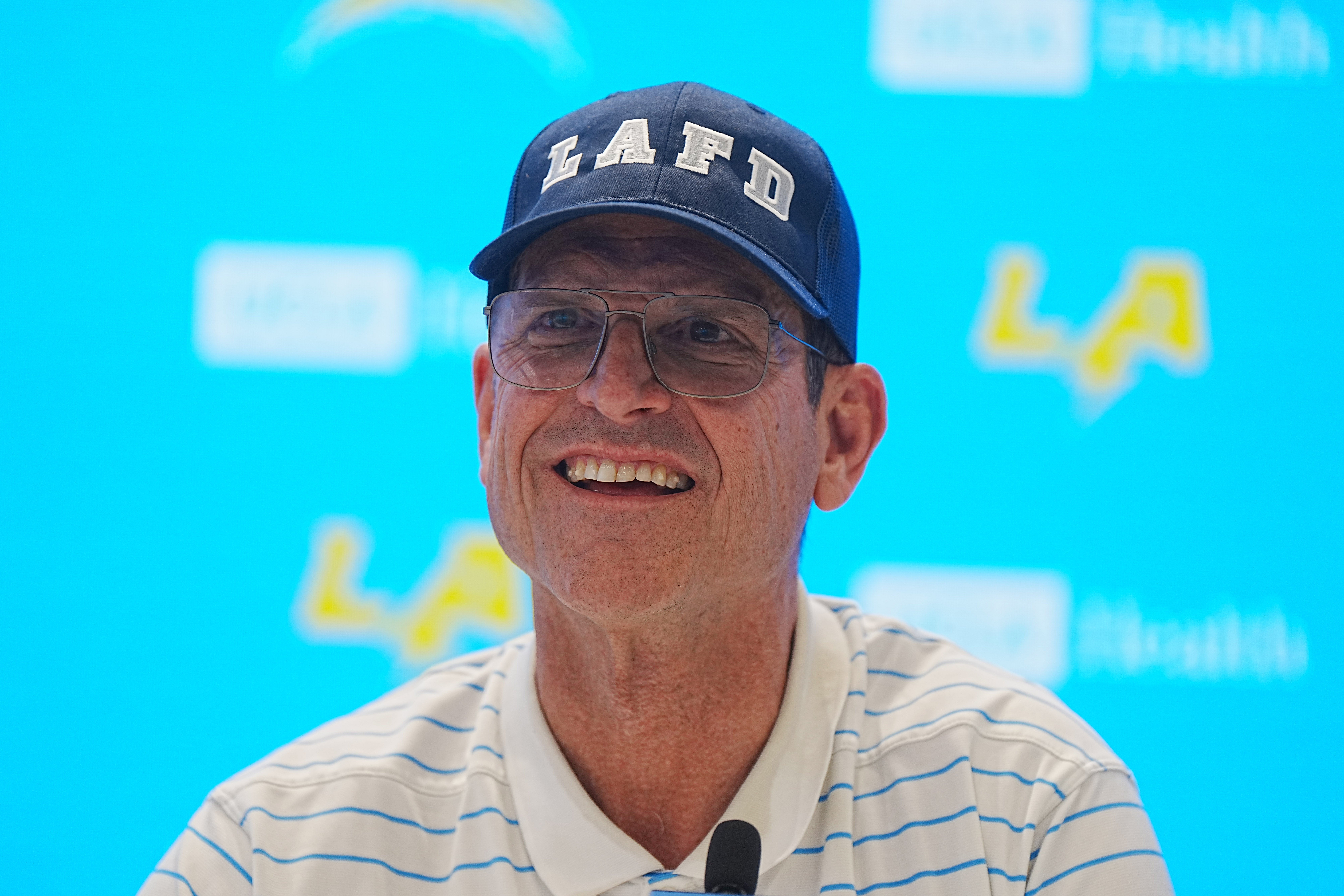 Jan 15, 2025; El Segundo, CA, USA; Los Angeles Chargers coach Jim Harbaugh at a press conference at The Bolt.